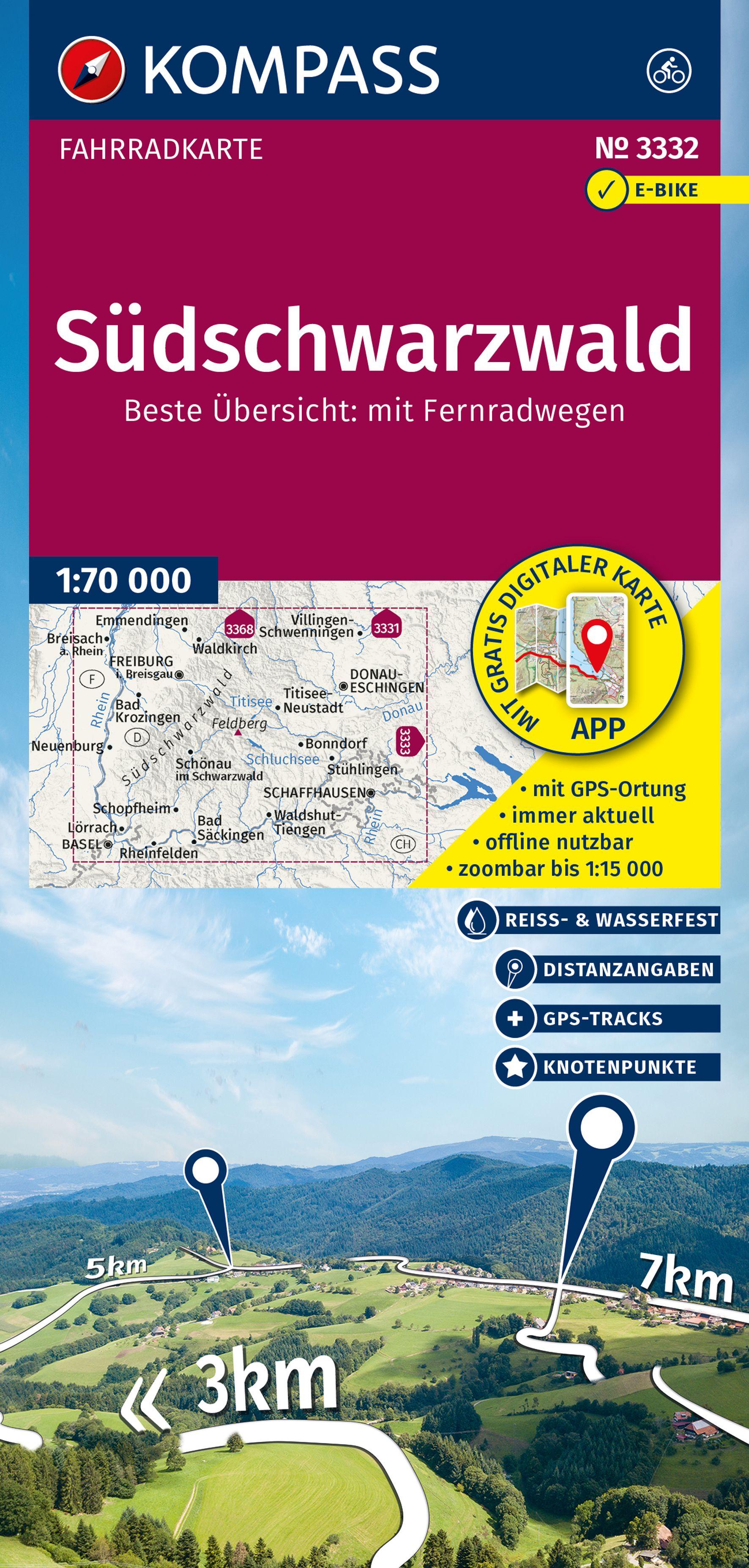 Vorderes Coverbild KOMPASS Fahrradkarte 3332 Südschwarzwald mit Knotenpunkten 1:70.000