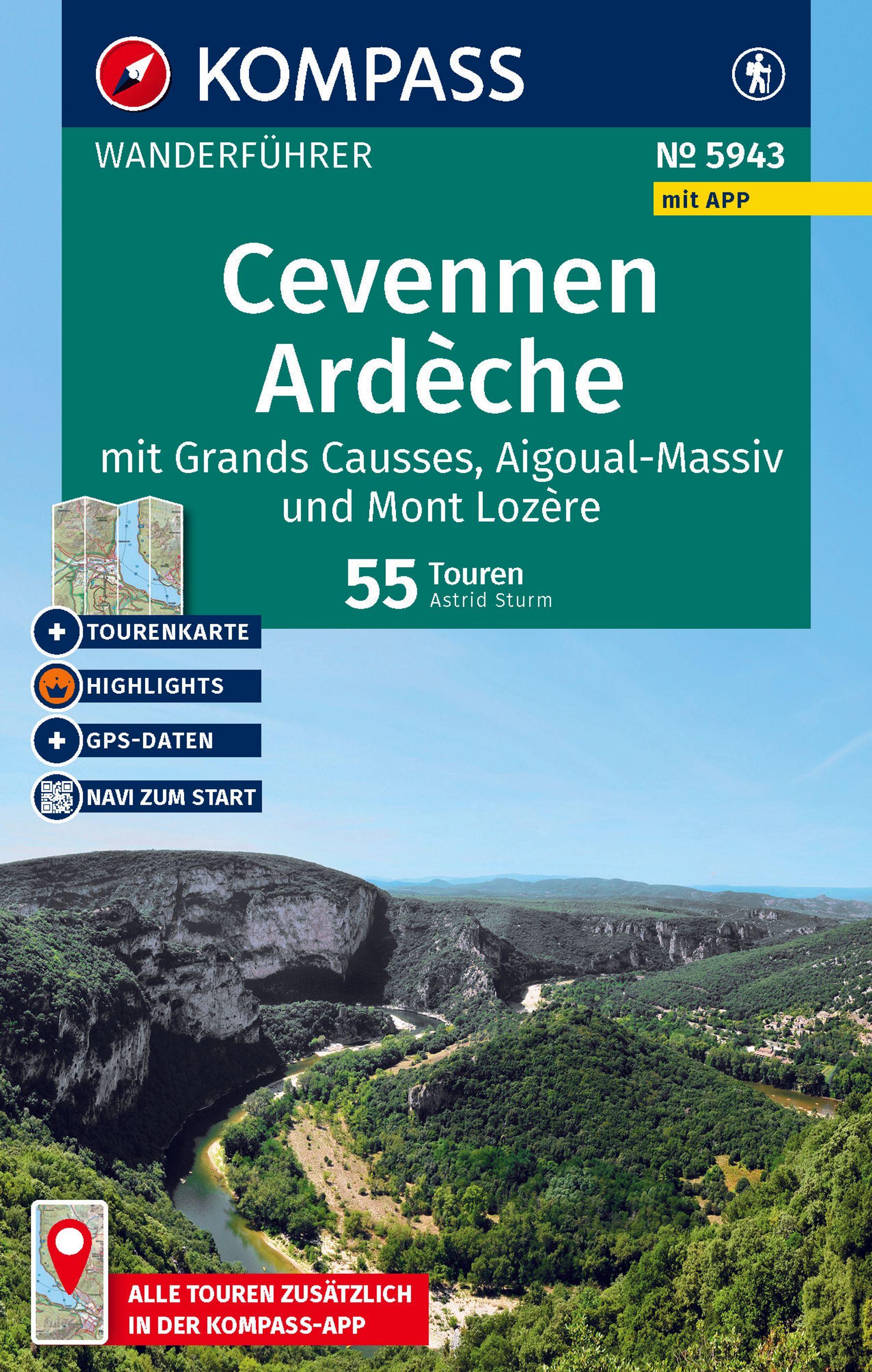 Vorderes Coverbild KOMPASS Wanderführer Cevennen, Ardèche mit Grands Causses, Aigoual-Massiv und Mont Lozère, 55 Touren mit Extra-Tourenkarte