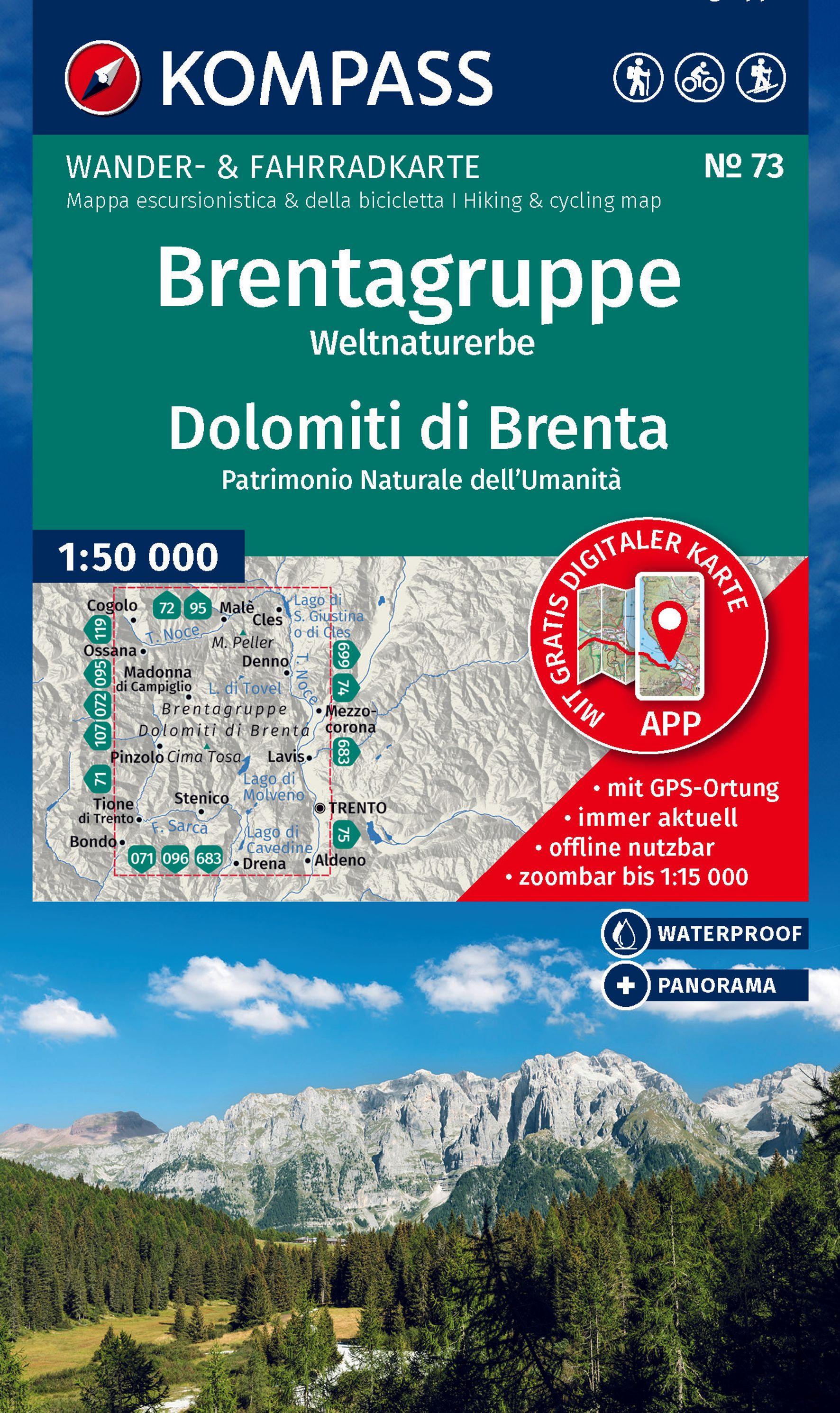 Vorderes Coverbild KOMPASS Wanderkarte 73 Brentagruppe, Weltnaturerbe / Dolomiti di Brenta 1:50.000