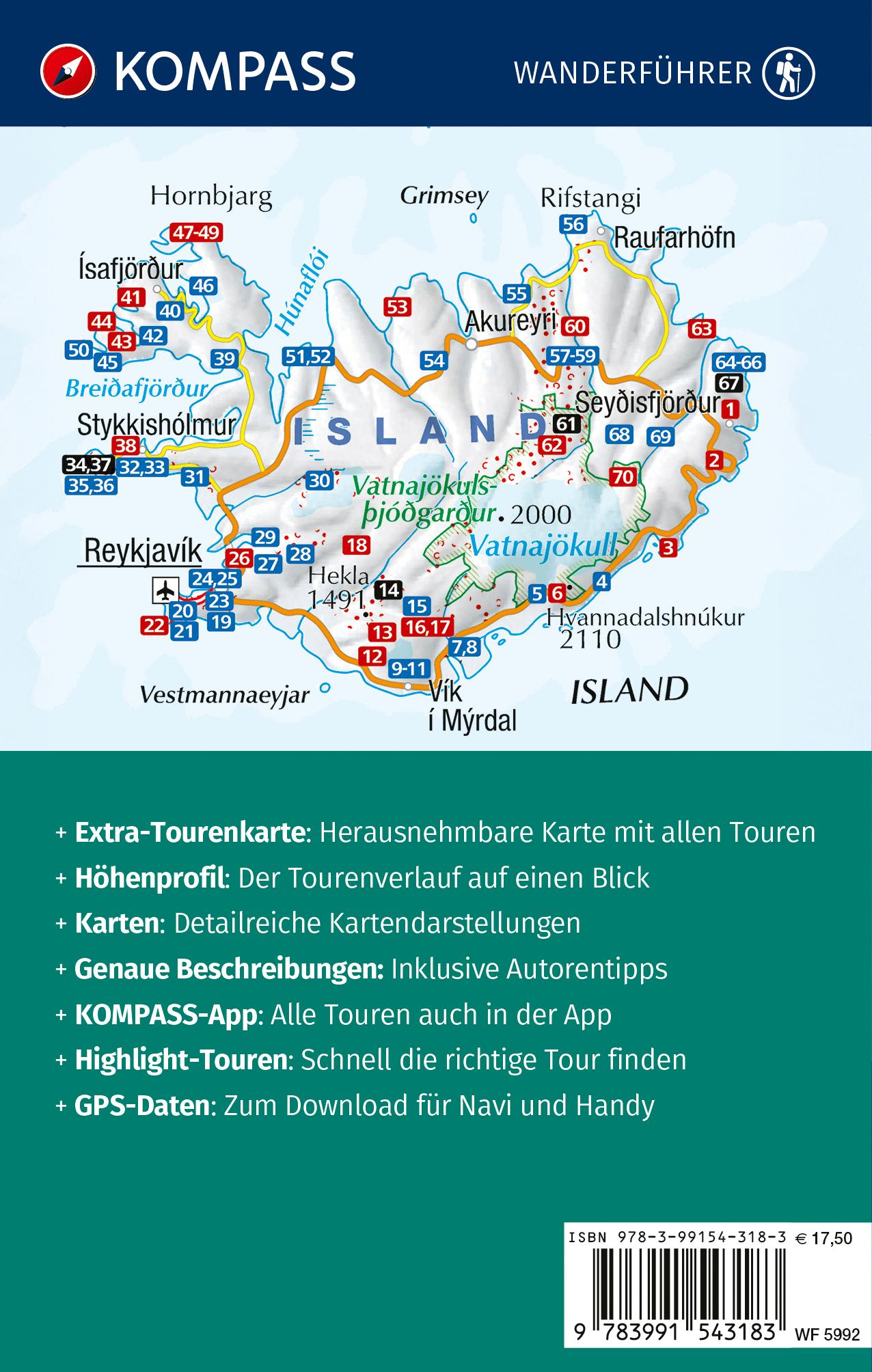 Rückseitencover KOMPASS Wanderführer Island, 70 Touren mit Extra-Tourenkarte