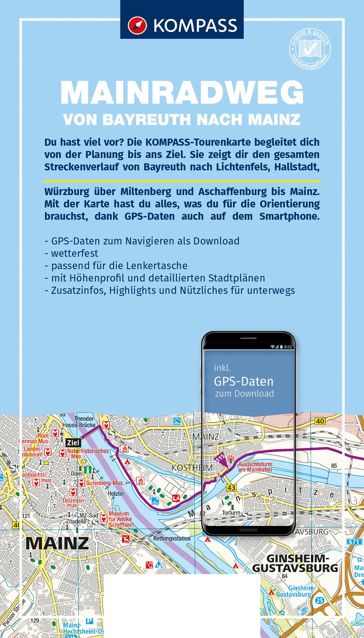 Rückseitencover KOMPASS Fahrrad-Tourenkarte Main-Radweg, Von Bayreuth nach Mainz 1:50.000