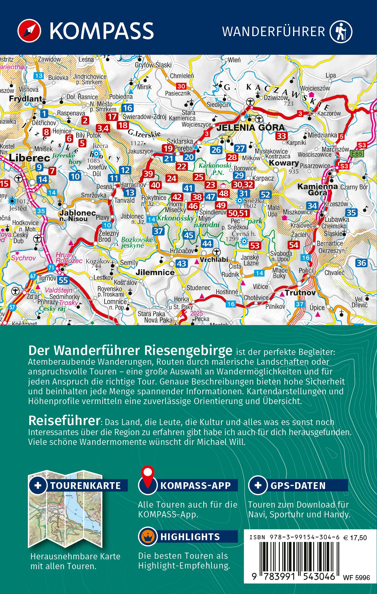 Rückseitencover KOMPASS Wanderführer Riesengebirge mit Isergebirge, 55 Touren mit Extra-Tourenkarte