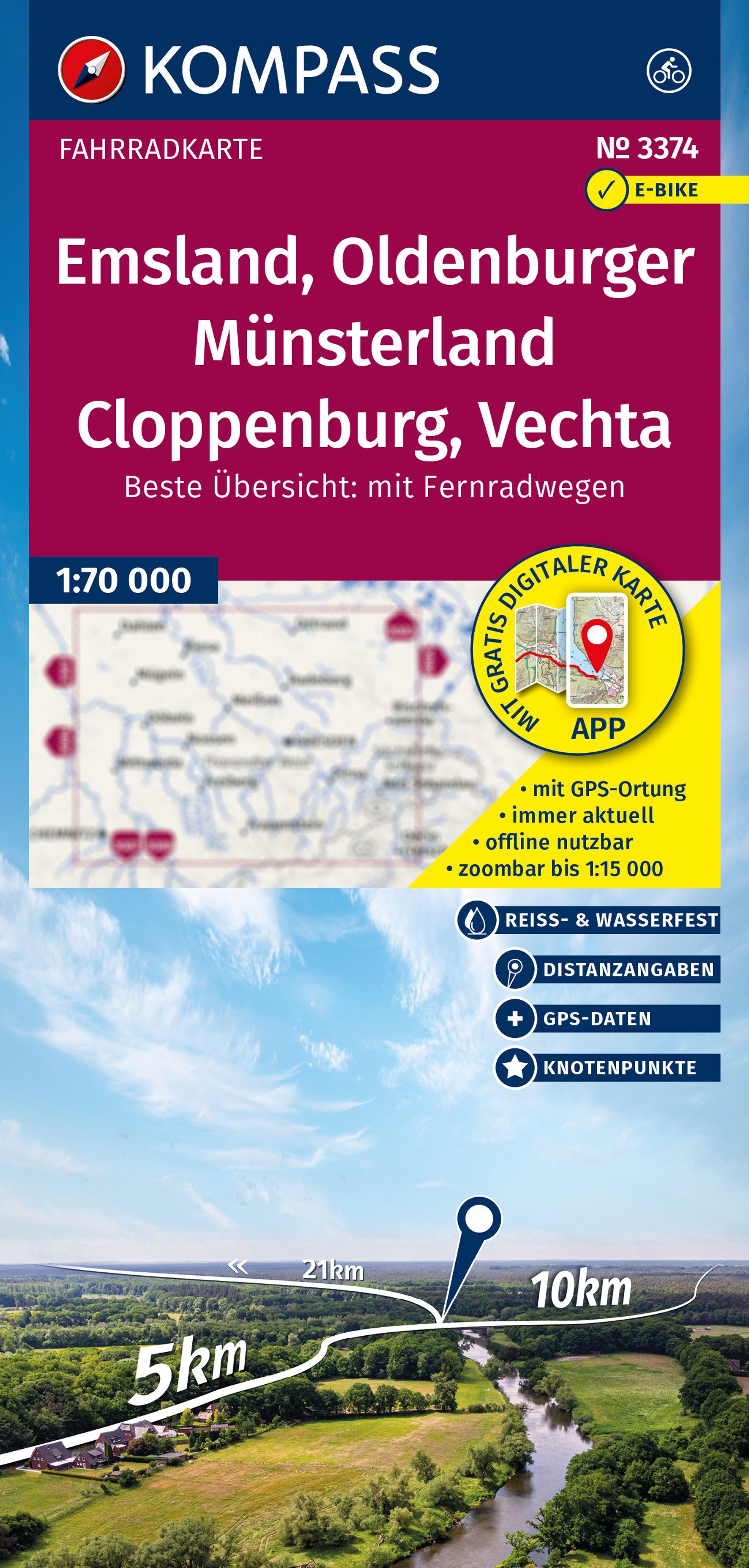 Vorderes Coverbild KOMPASS Fahrradkarte 3374 Emsland, Oldenburger Münsterland, Cloppenburg, Vechta mit Knotenpunkten 1:70.000