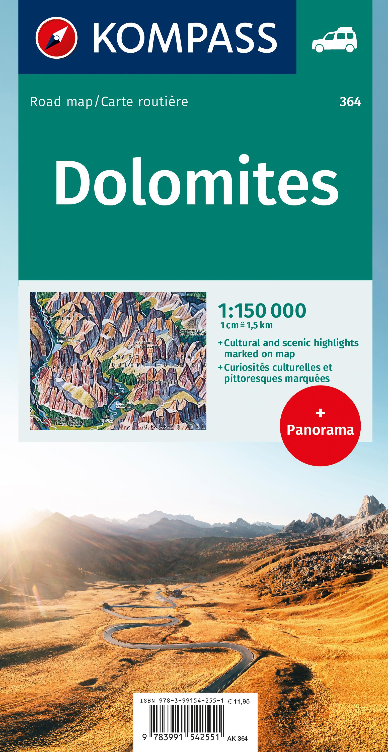 Rückseitencover KOMPASS Autokarte und Panoramakarte Dolomiten / Dolomiti / Dolomites 1:150.000