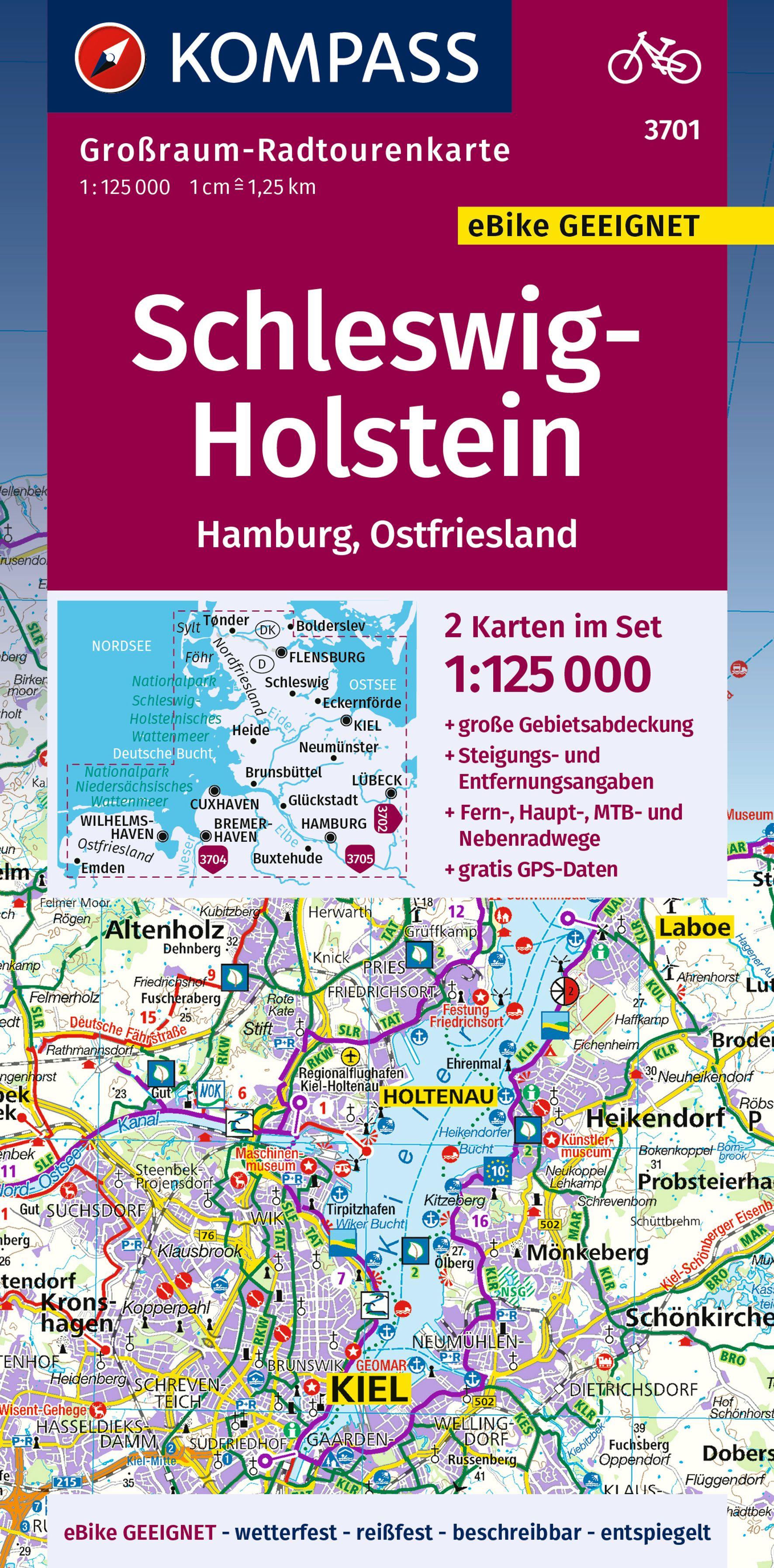 Vorderes Coverbild KOMPASS Großraum-Radtourenkarte 3701 Schleswig-Holstein, Hamburg, Ostfriesland 1:125.000