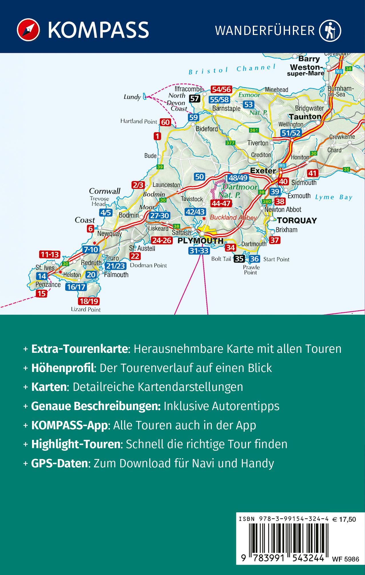 Rückseitencover KOMPASS Wanderführer Cornwall und Devon, 60 Touren mit Extra-Tourenkarte