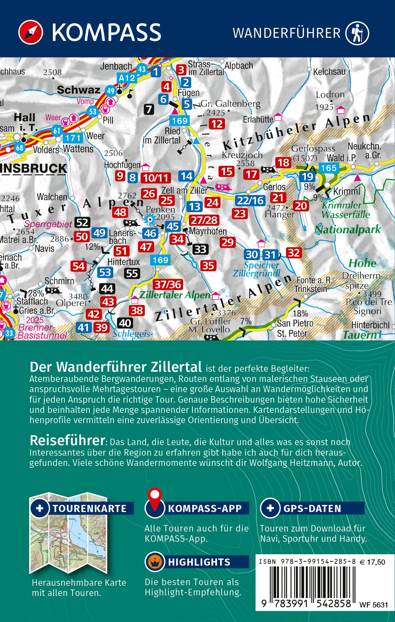 Rückseitencover KOMPASS Wanderführer Zillertal, 55 Touren mit Extra-Tourenkarte