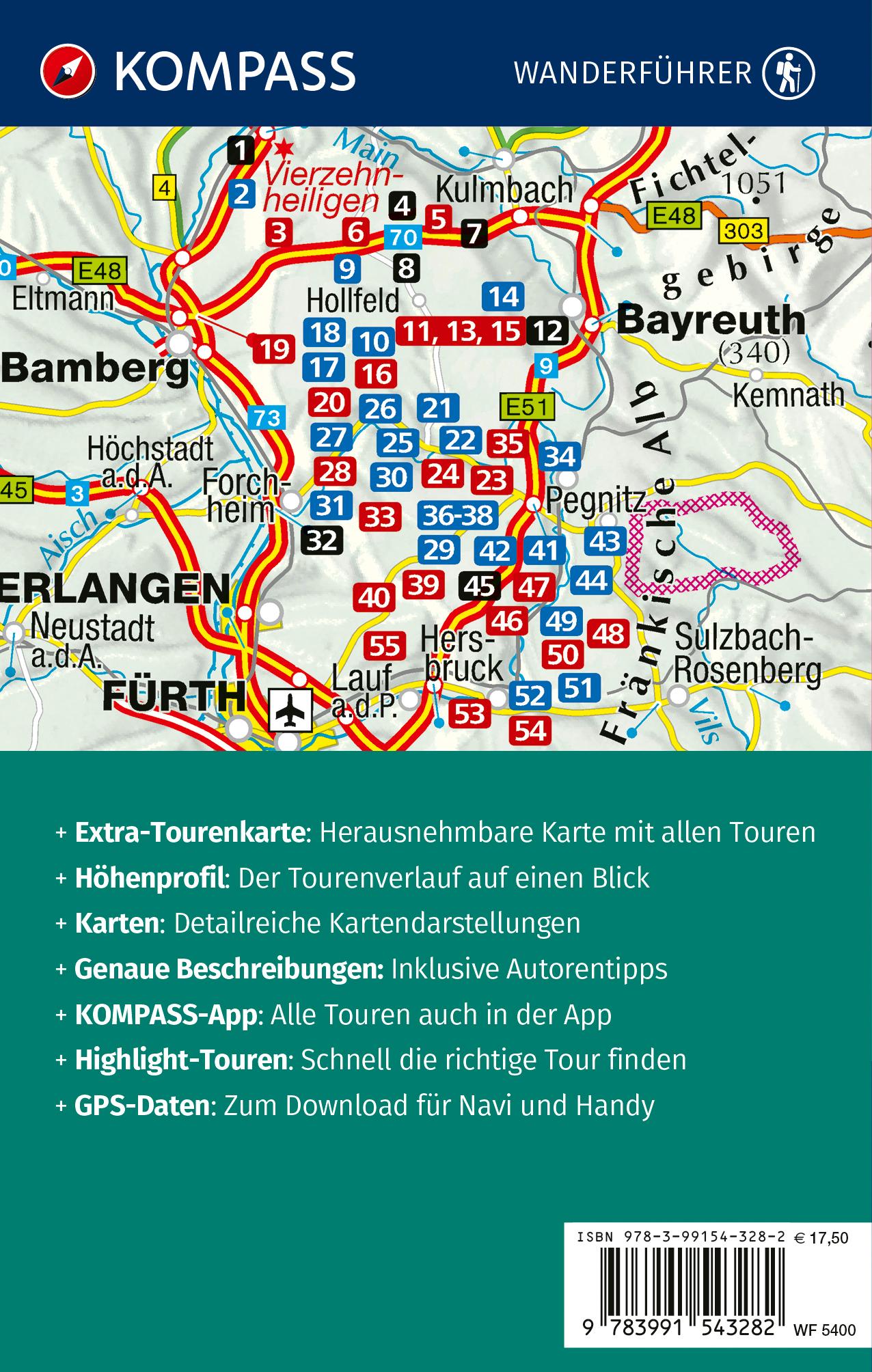 Rückseitencover KOMPASS Wanderführer Fränkische Schweiz mit Oberem Maintal und Hersbrucker Schweiz, 55 Touren mit Extra-Tourenkarte