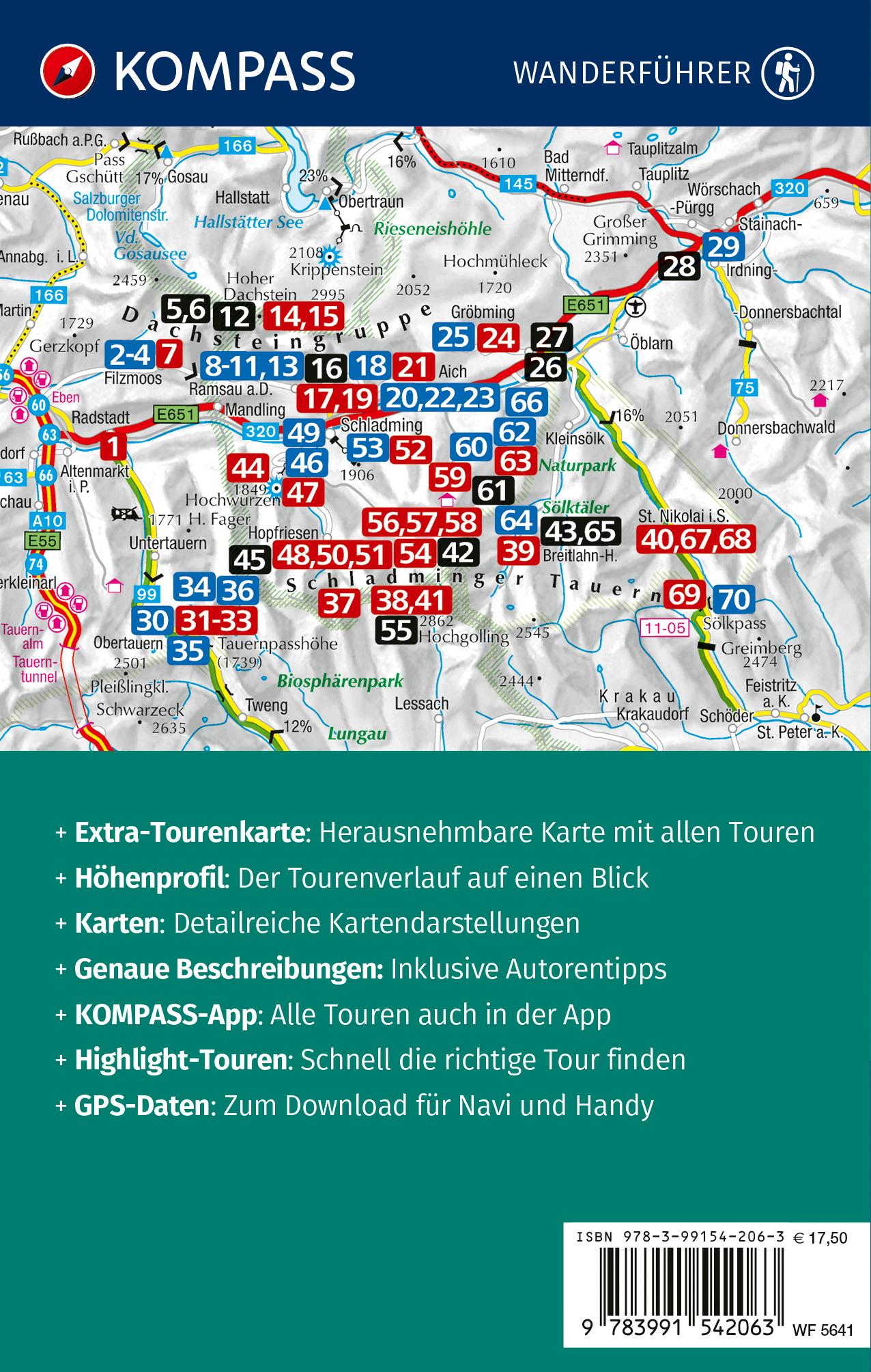 Rückseitencover KOMPASS Wanderführer Dachstein-Tauern Ost, 70 Touren mit Extra-Tourenkarte