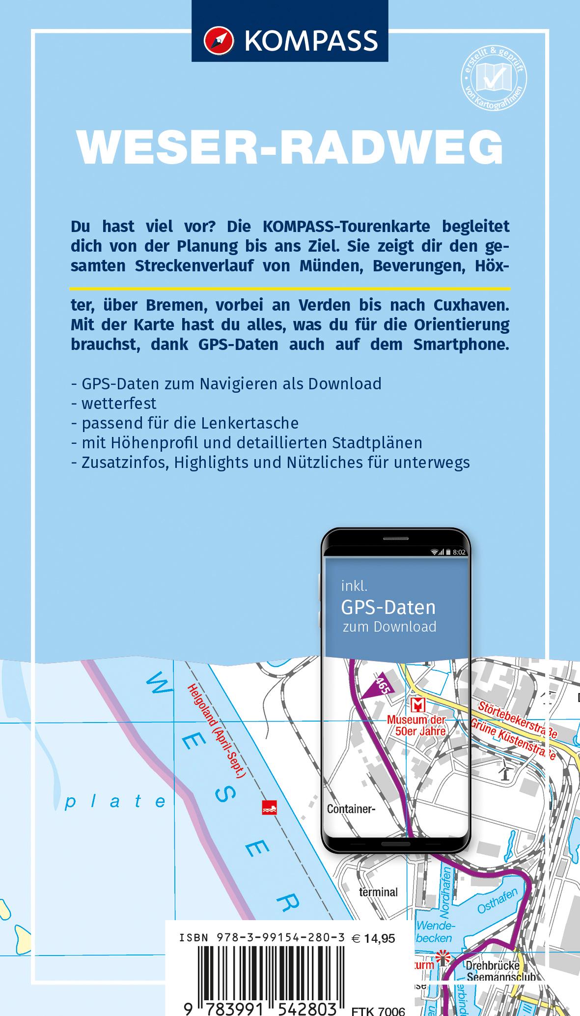 Rückseitencover KOMPASS Fahrrad-Tourenkarte Weser-Radweg 1:50.000