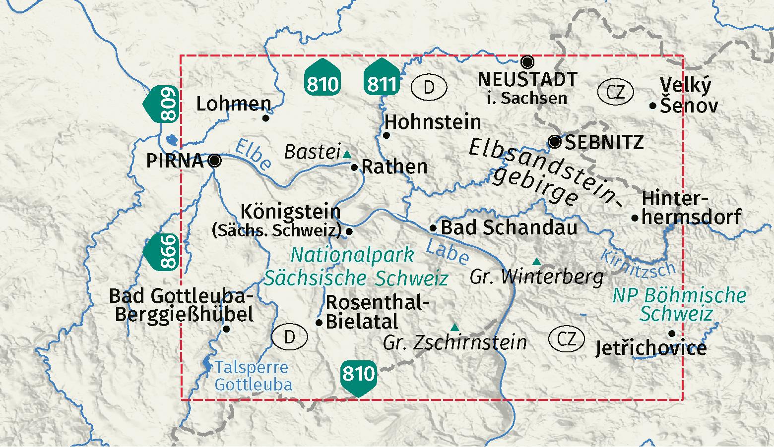 Beispielinhalt (Bild) KOMPASS Wanderkarte 761 Elbsandsteingebirge, Nationalpark Sächsische Schweiz, Nationalpark Böhmische Schweiz 1:25.000