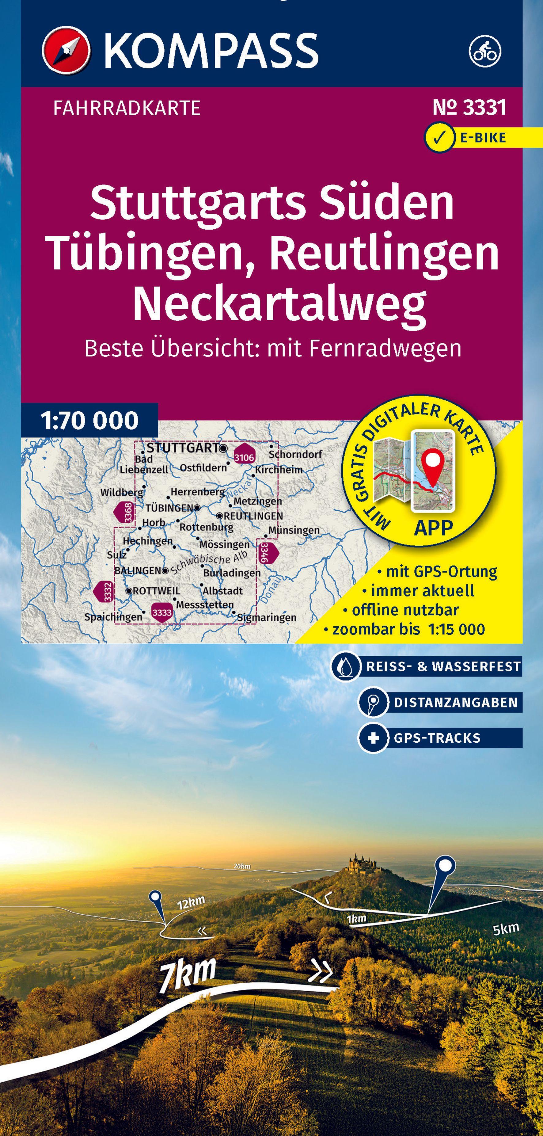 Vorderes Coverbild KOMPASS Fahrradkarte 3331 Stuttgarts Süden, Tübingen, Reutlingen, Neckartalweg 1:70.000