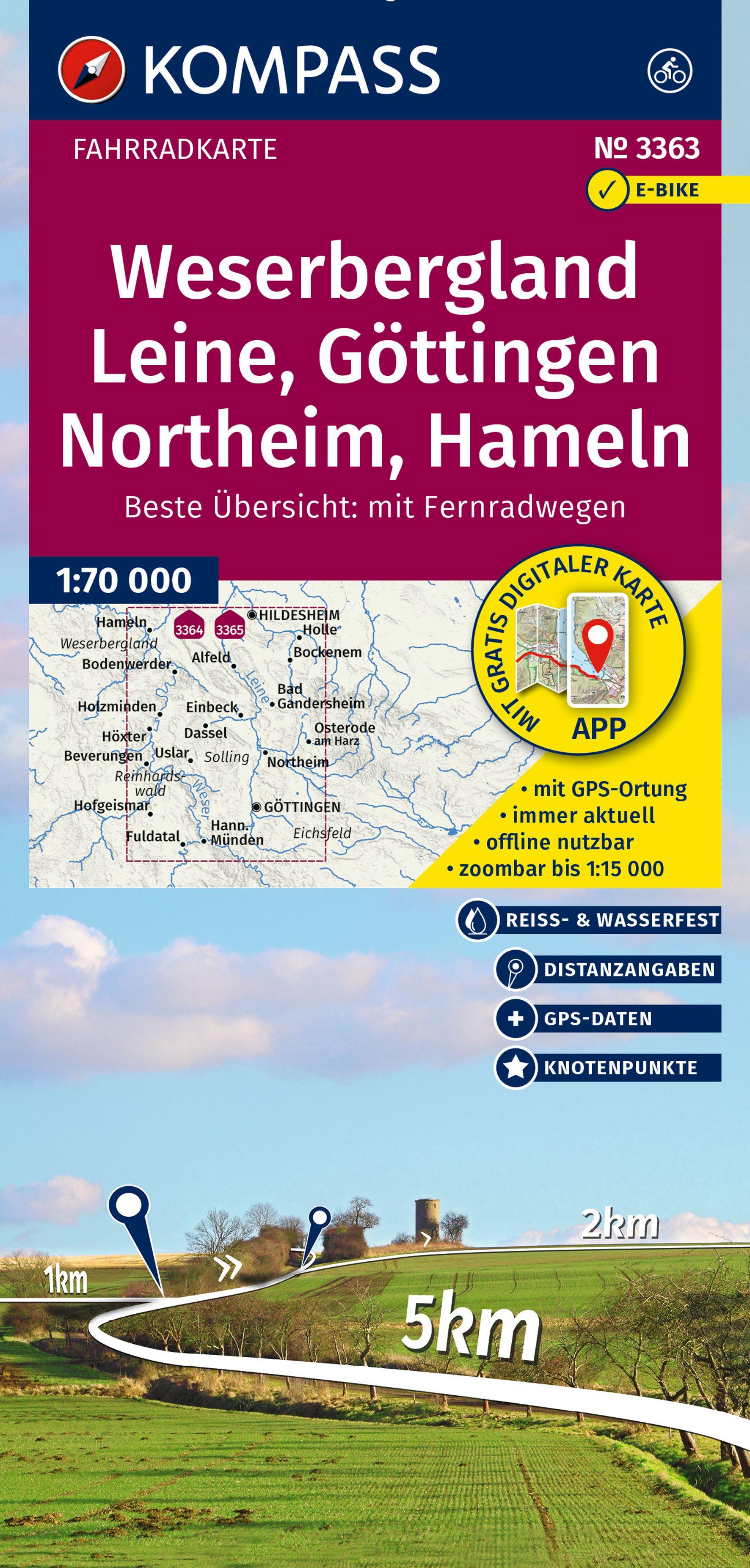 Vorderes Coverbild KOMPASS Fahrradkarte 3363 Weserbergland, Leine, Göttingen, Northeim, Hameln mit Knotenpunkten 1:70.000