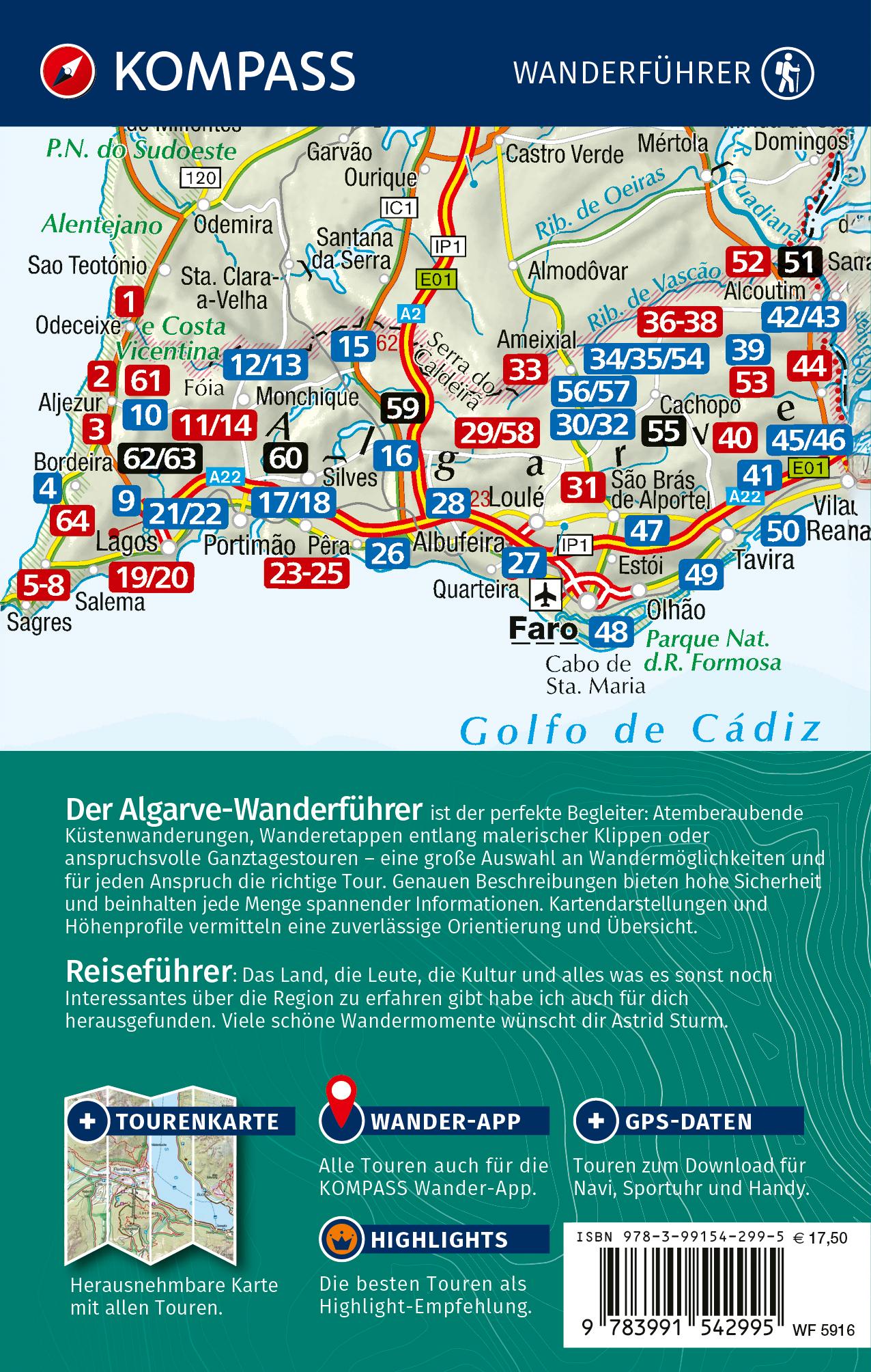 Rückseitencover KOMPASS Wanderführer Algarve mit Fernwanderweg Via Algarviana, 64 Touren / Etappen mit Extra-Tourenkarte