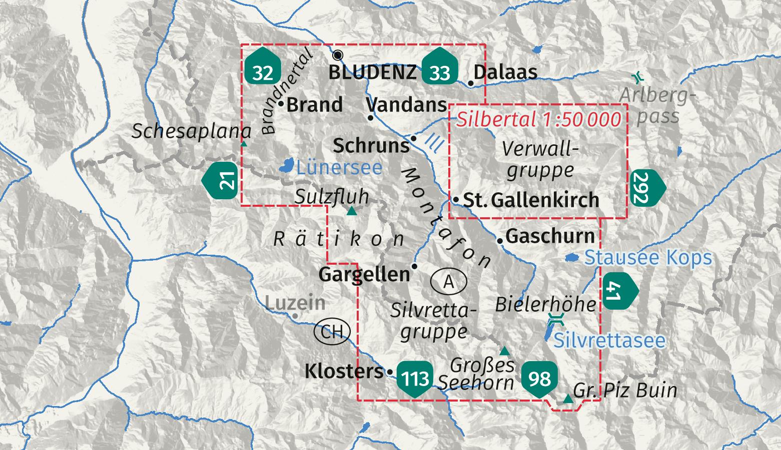 Beispielinhalt (Bild) KOMPASS Wanderkarte 032 Montafon, Brandnertal, Gargellen, Bielerhöhe, Silvretta 1:25.000