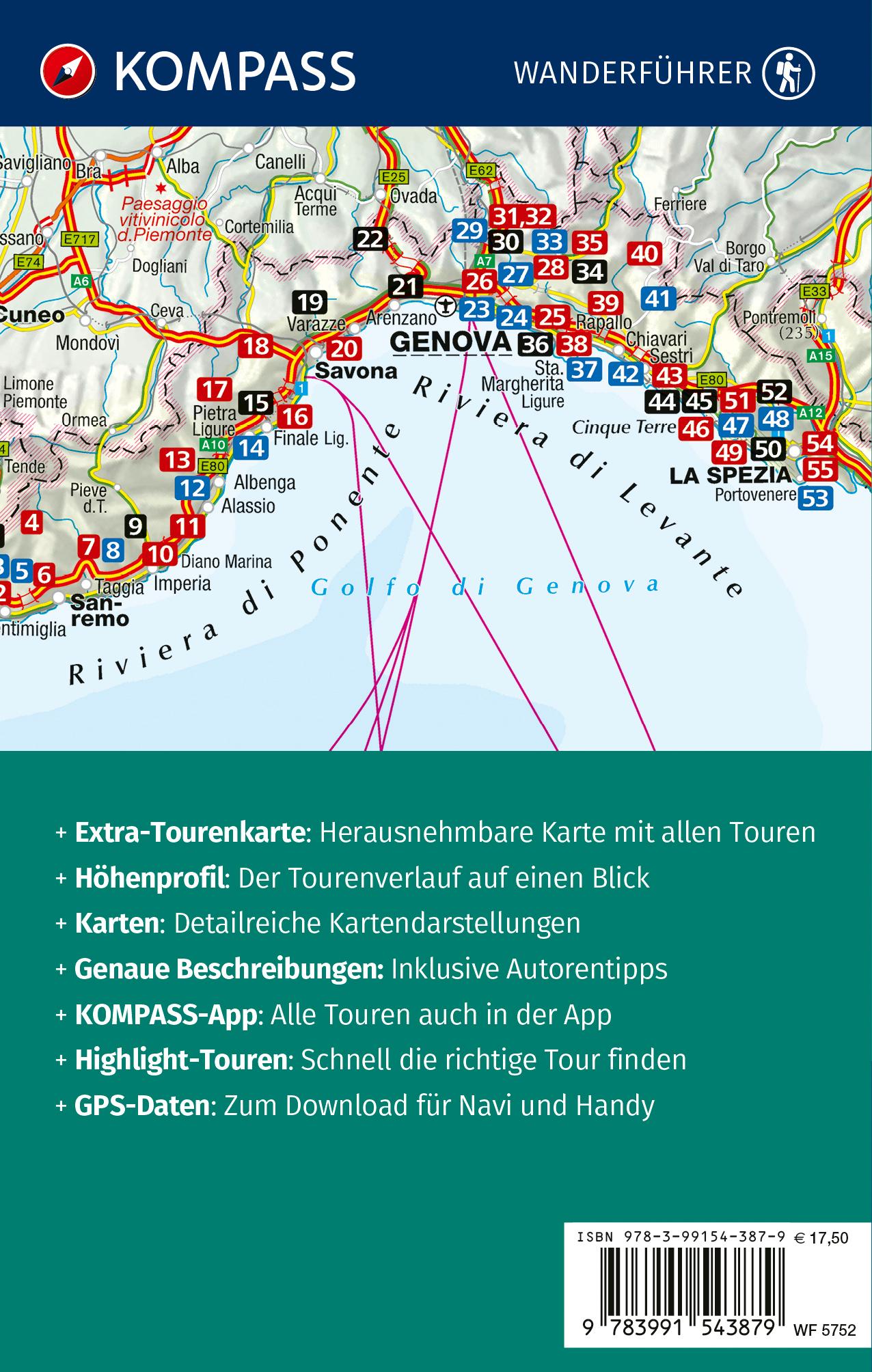 Rückseitencover KOMPASS Wanderführer Ligurien mit Cinque Terre, 50 Touren mit Extra-Tourenkarte