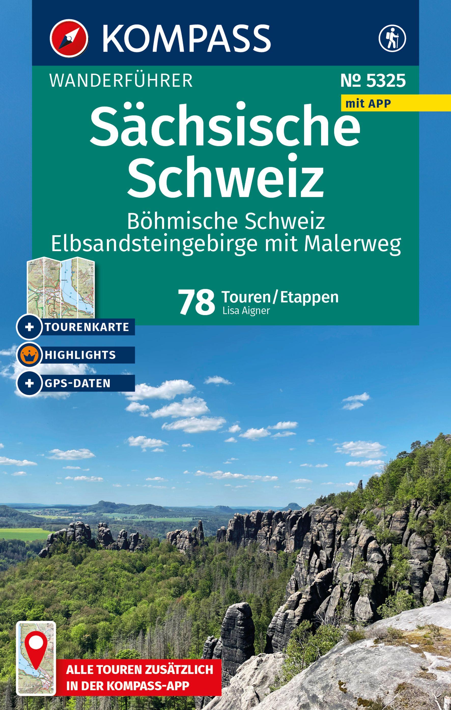 Vorderes Coverbild KOMPASS Wanderführer Sächsische Schweiz, Böhmische Schweiz, Elbsandsteingebirge mit Malerweg, 78 Touren/Etappen mit Extra-Tourenkarte