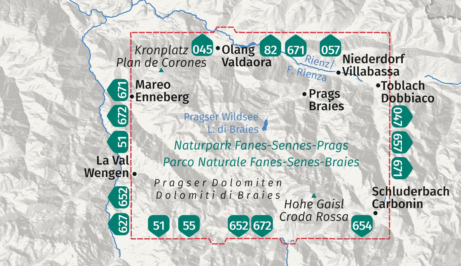 Beispielinhalt (Bild) KOMPASS Wanderkarte 145 Pragser Dolomiten, Naturpark Fanes-Sennes-Prags / Dolomiti di Braies, Parco Naturale Fanes-Senes-Braies 1:25.000
