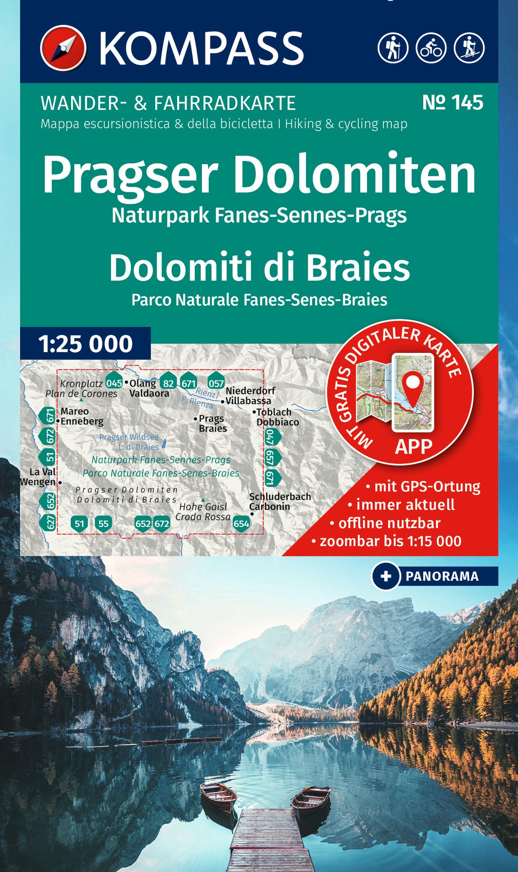 Vorderes Coverbild KOMPASS Wanderkarte 145 Pragser Dolomiten, Naturpark Fanes-Sennes-Prags / Dolomiti di Braies, Parco Naturale Fanes-Senes-Braies 1:25.000