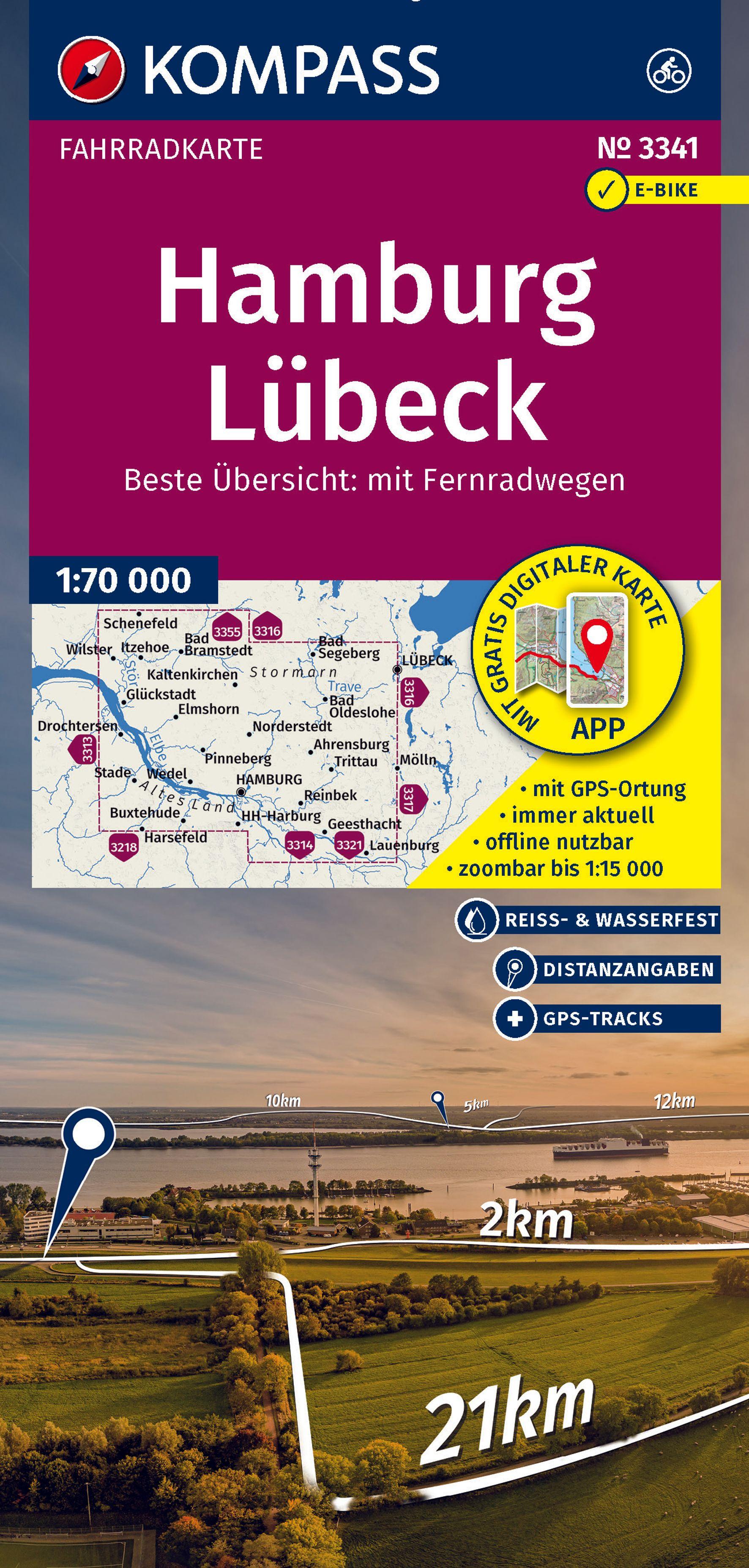 Vorderes Coverbild KOMPASS Fahrradkarte 3341 Hamburg, Lübeck 1:70.000