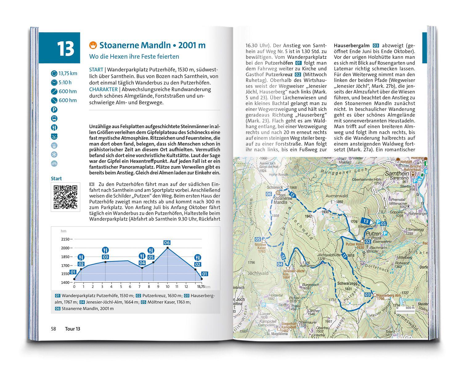 Beispielinhalt (Bild) KOMPASS Wanderführer Bozen, Sarntal, Ritten, Eppan, Kalterer See, Seiser Alm, Rosengarten, 55 Touren mit Extra-Tourenkarte