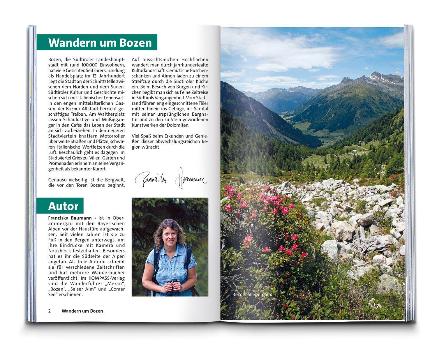 Beispielinhalt (Bild) KOMPASS Wanderführer Bozen, Sarntal, Ritten, Eppan, Kalterer See, Seiser Alm, Rosengarten, 55 Touren mit Extra-Tourenkarte