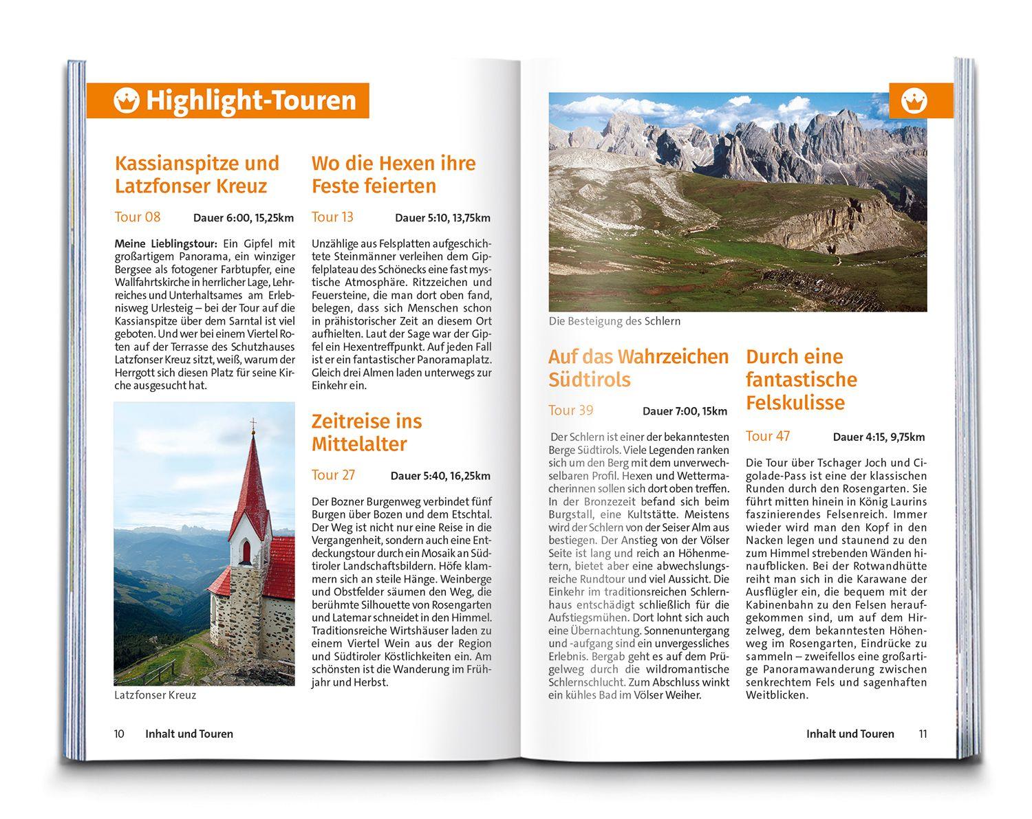 Beispielinhalt (Bild) KOMPASS Wanderführer Bozen, Sarntal, Ritten, Eppan, Kalterer See, Seiser Alm, Rosengarten, 55 Touren mit Extra-Tourenkarte