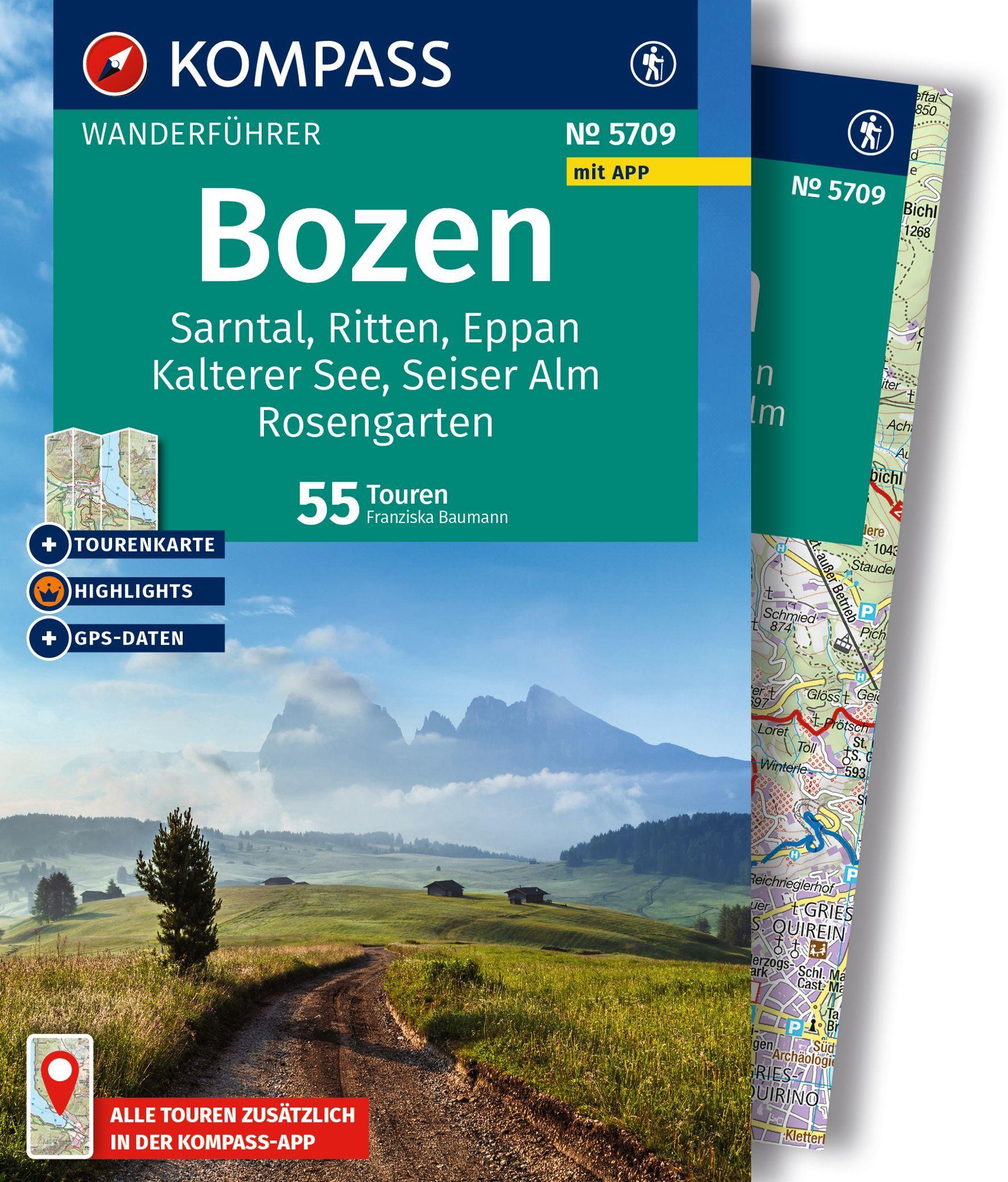 Vorderes Coverbild KOMPASS Wanderführer Bozen, Sarntal, Ritten, Eppan, Kalterer See, Seiser Alm, Rosengarten, 55 Touren mit Extra-Tourenkarte