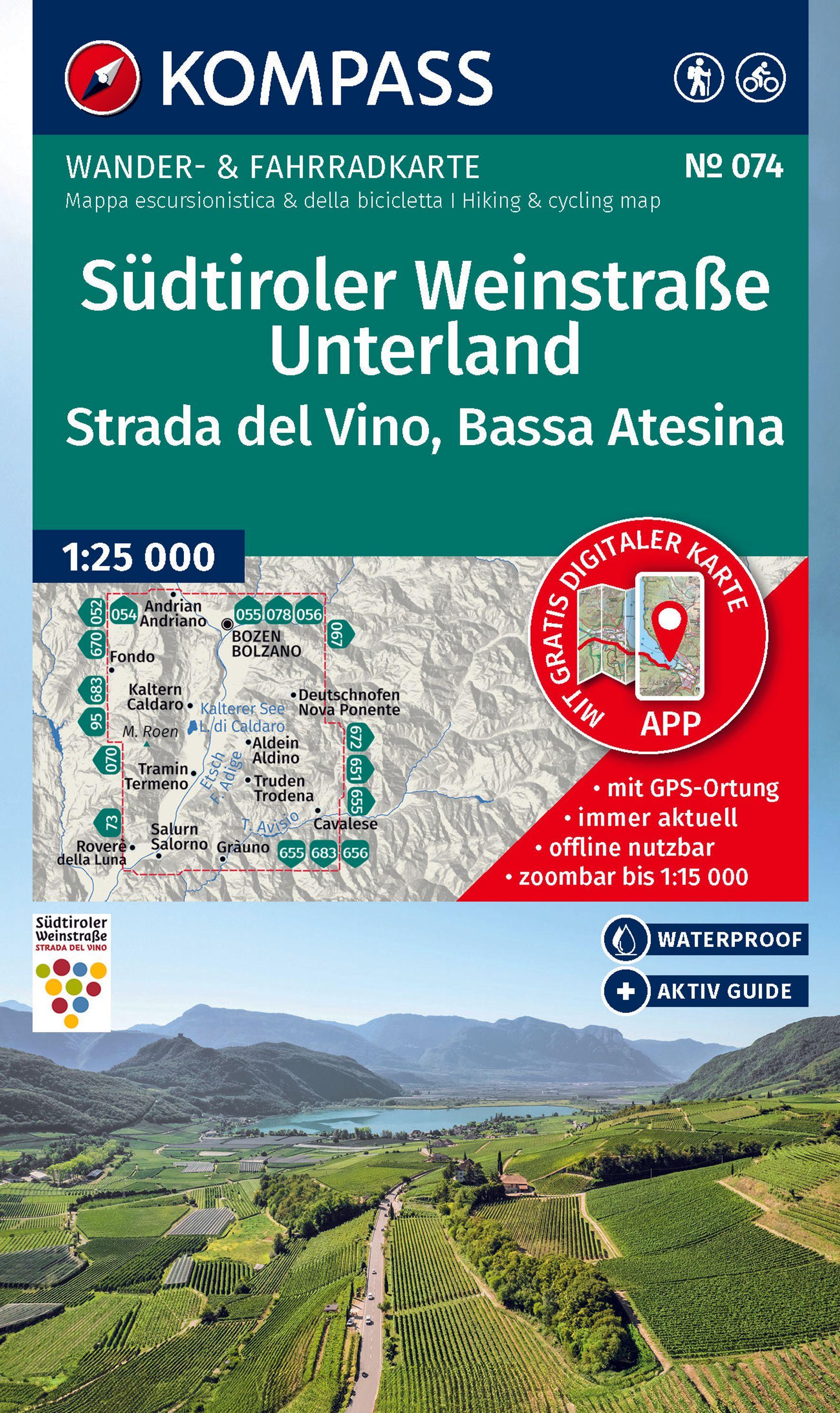 Vorderes Coverbild KOMPASS Wanderkarte 074 Südtiroler Weinstraße, Unterland / Strada del Vino, Bassa Atesina 1:25.000