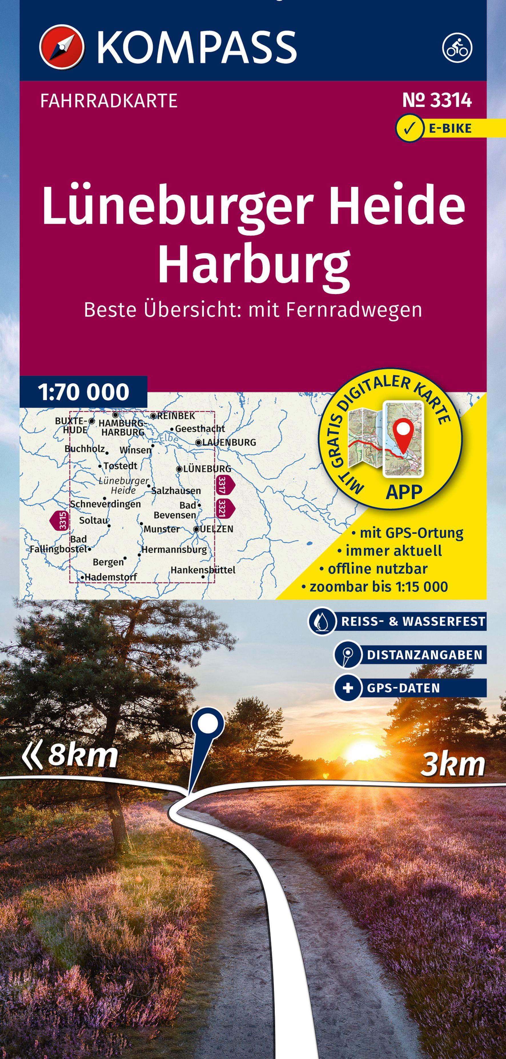 Vorderes Coverbild KOMPASS Fahrradkarte 3314 Lüneburger Heide, Harburg 1:70.000
