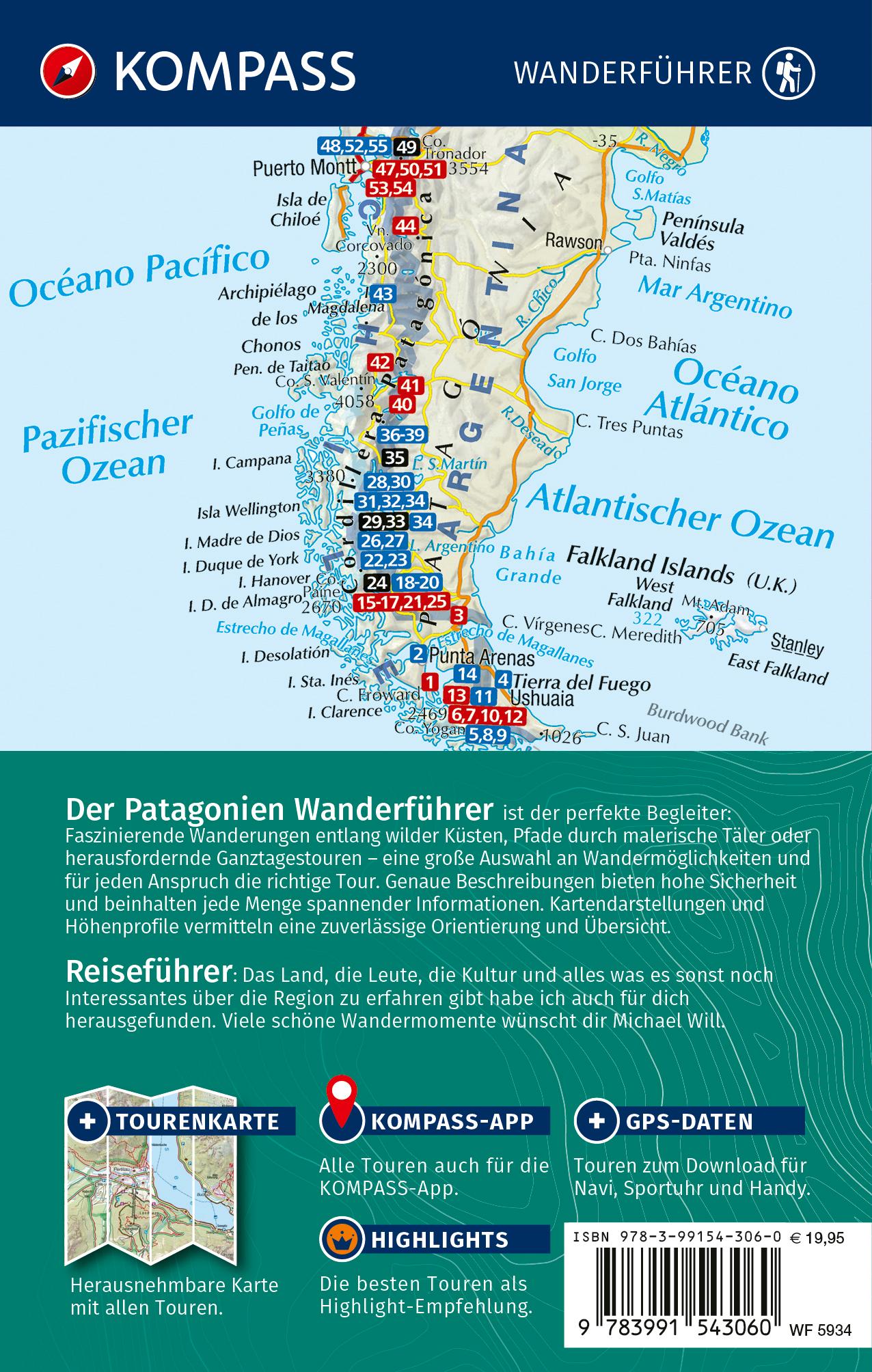 Rückseitencover KOMPASS Wanderführer Patagonien und Feuerland, 55 Touren mit Extra-Tourenkarte
