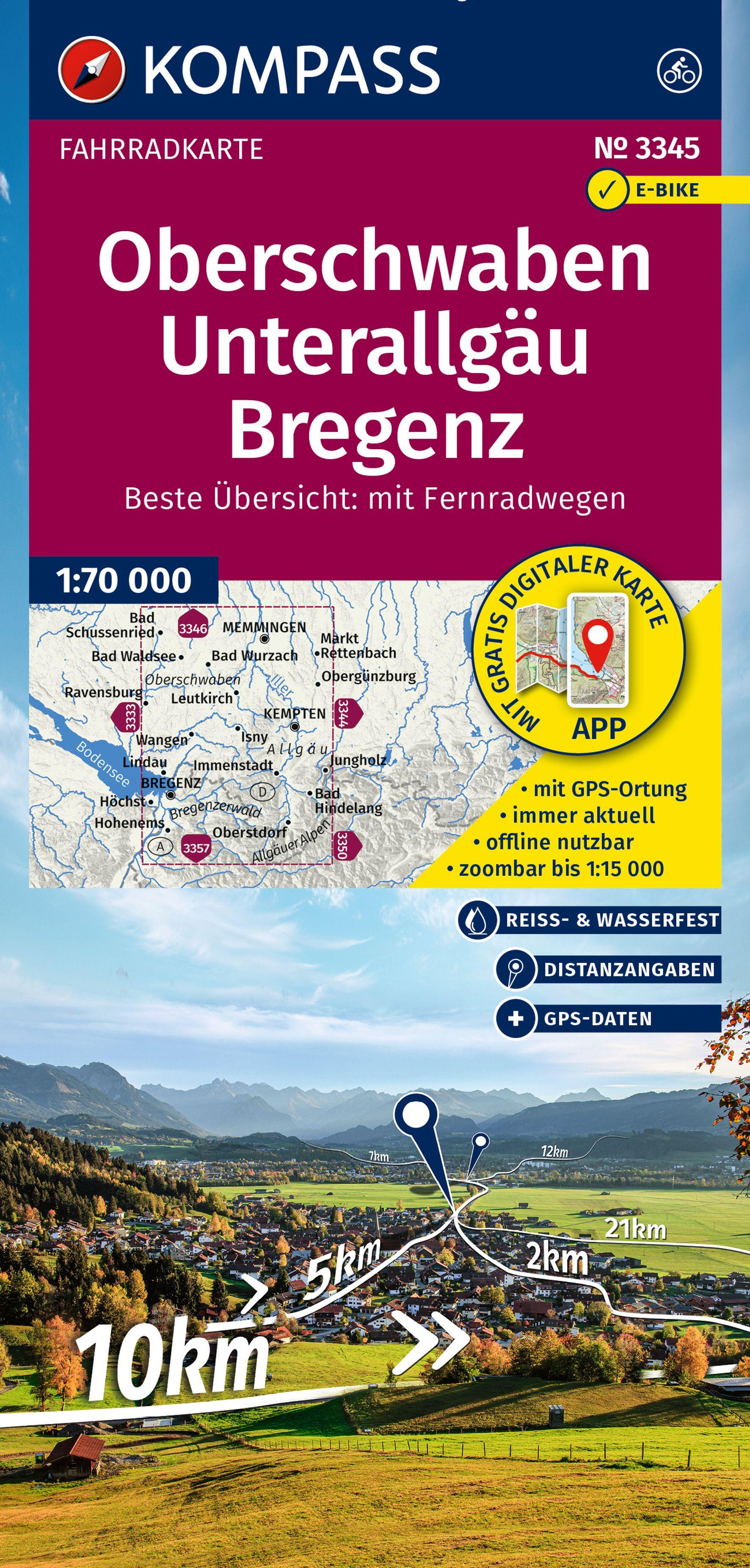Vorderes Coverbild KOMPASS Fahrradkarte 3345 Oberschwaben, Unterallgäu, Bregenz 1:70.000