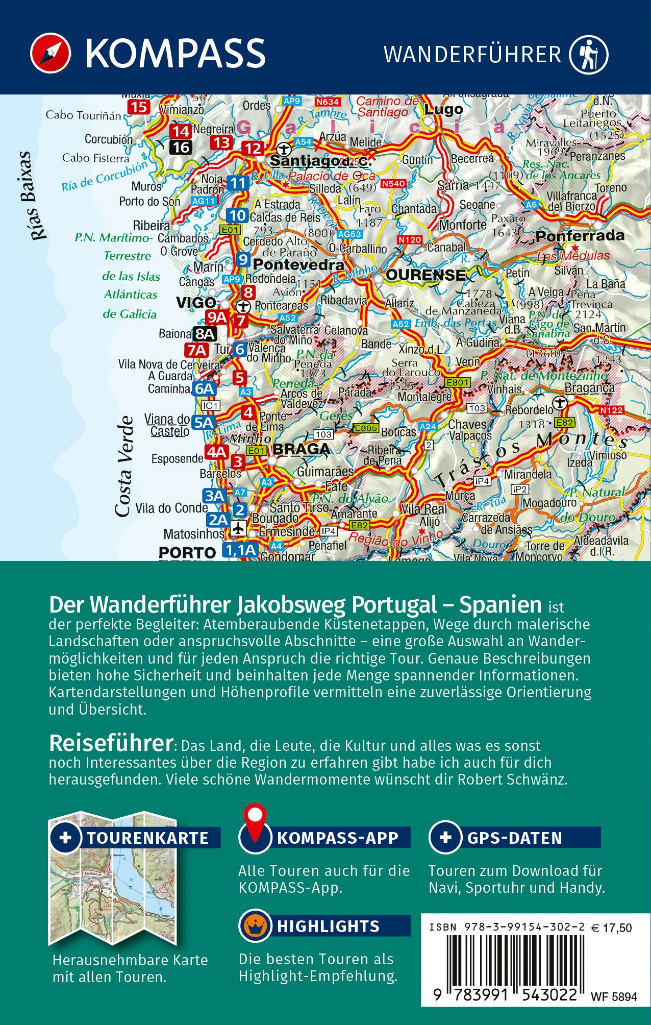 Rückseitencover KOMPASS Wanderführer Jakobsweg Portugal - Spanien, 25 Etappen mit Extra-Tourenkarte