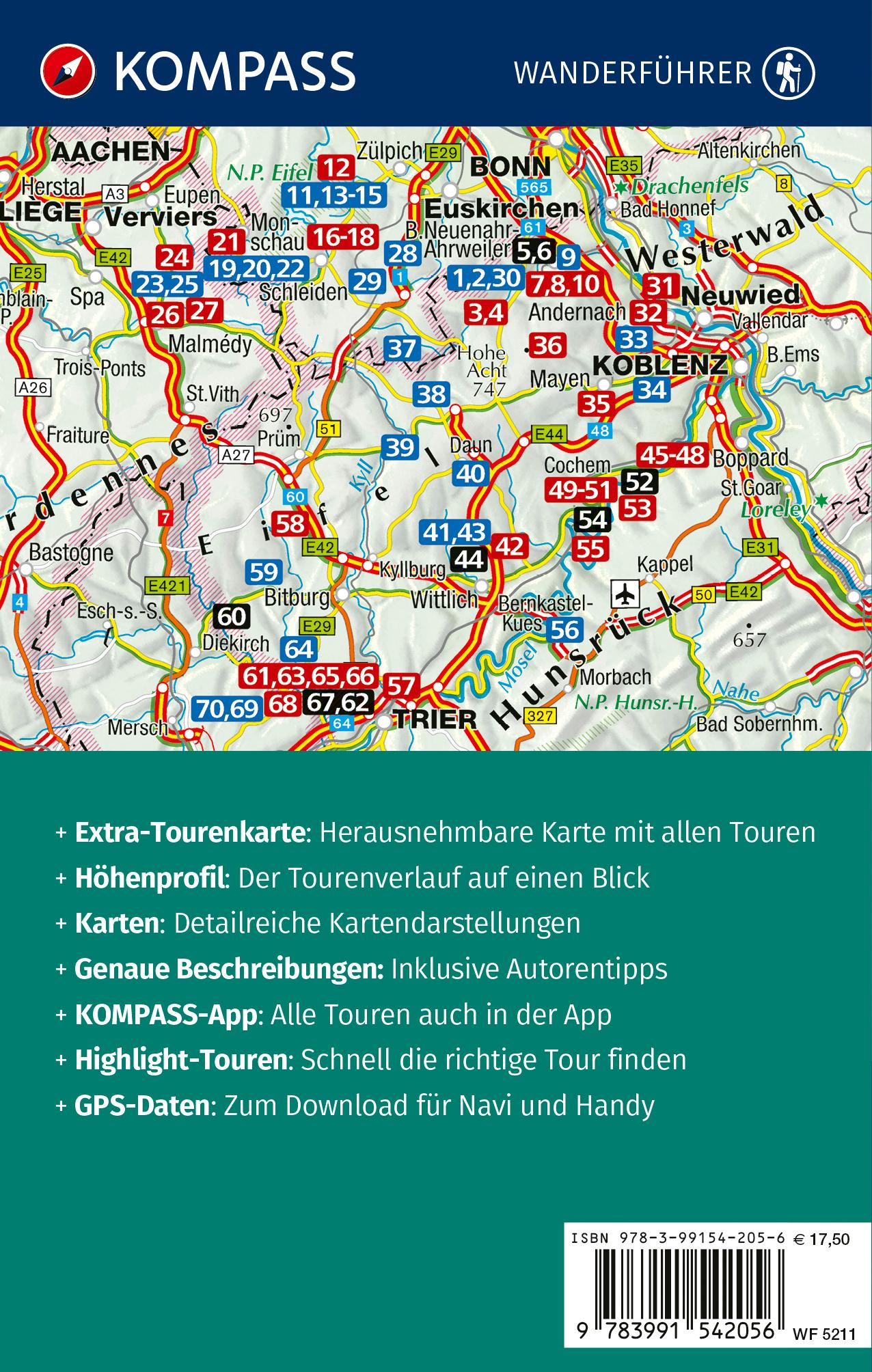 Rückseitencover KOMPASS Wanderführer Eifel mit Mosel, Luxemburger Schweiz und Hohem Venn, 70 Touren mit Extra-Tourenkarte
