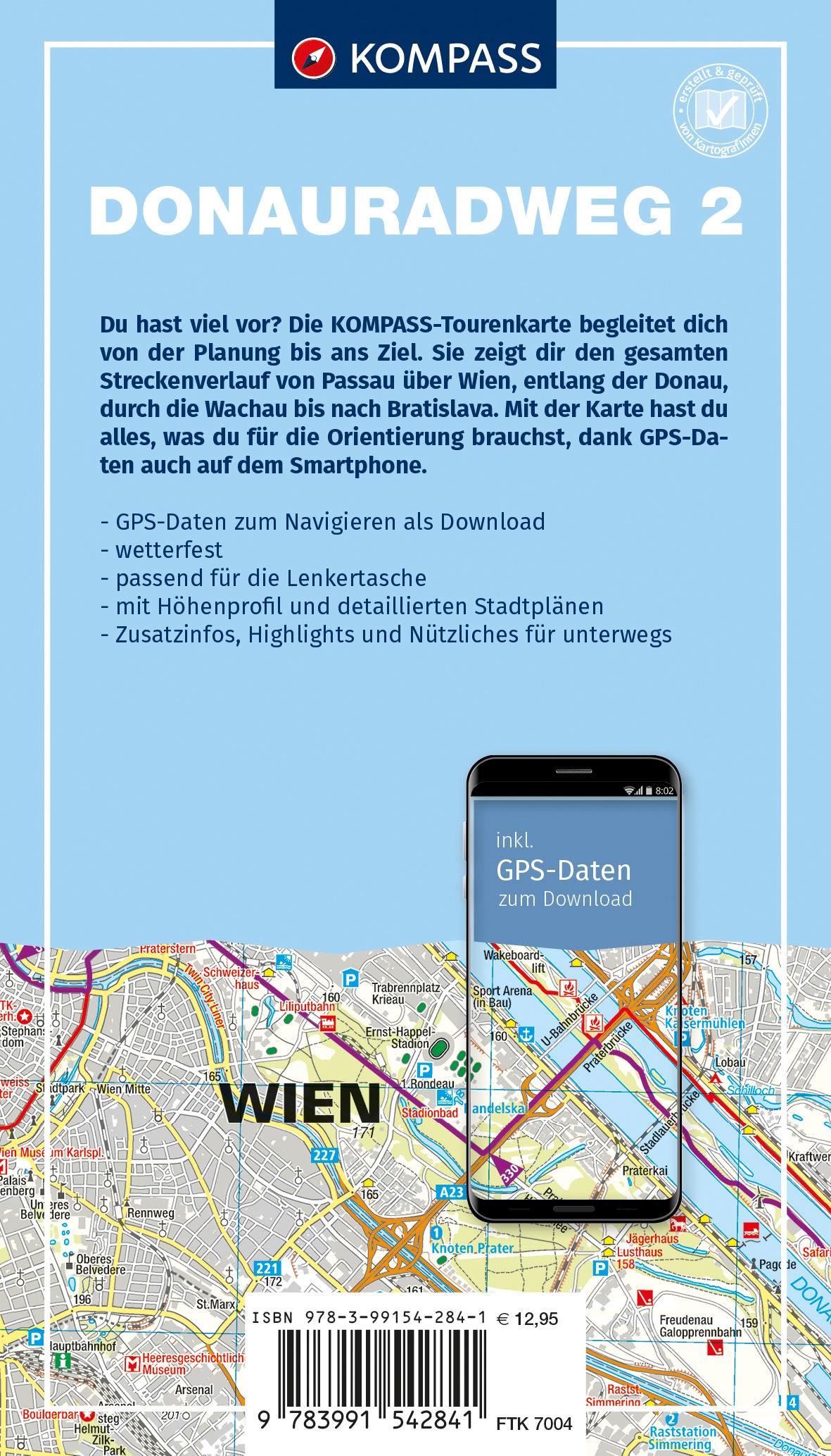 Rückseitencover KOMPASS Fahrrad-Tourenkarte Donauradweg 2, von Passau über Wien nach Bratislava 1:50.000