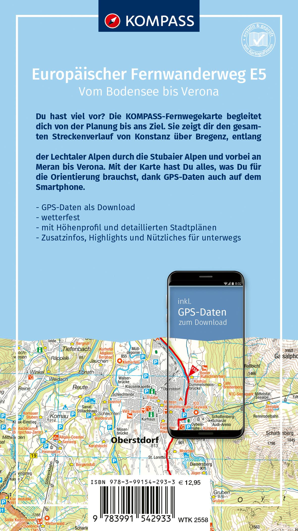 Rückseitencover KOMPASS Wander-Tourenkarte Europäischer Fernwanderweg E5 Alpenüberquerung vom Bodensee bis Verona 1:50.000