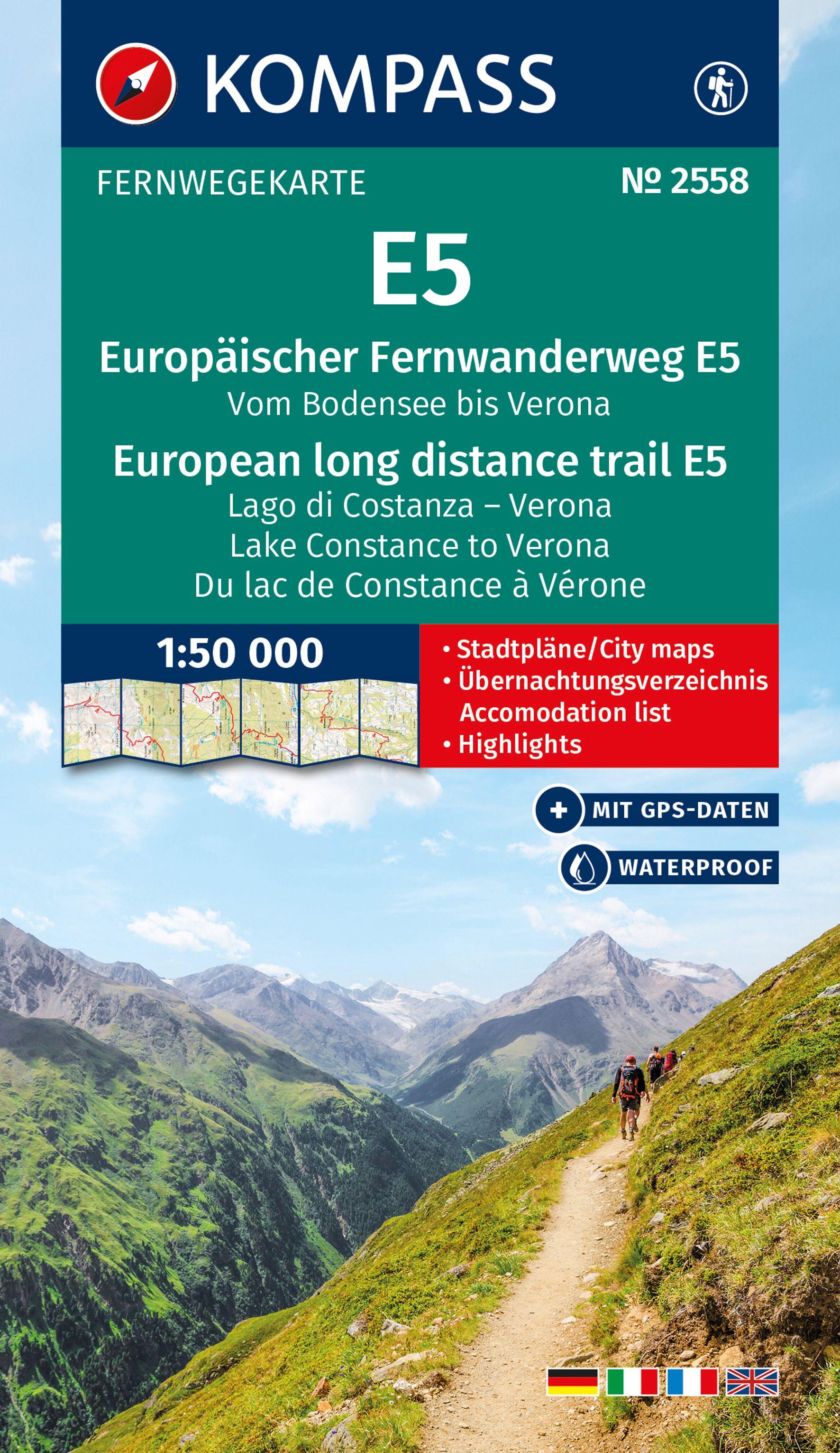Vorderes Coverbild KOMPASS Wander-Tourenkarte Europäischer Fernwanderweg E5 Alpenüberquerung vom Bodensee bis Verona 1:50.000
