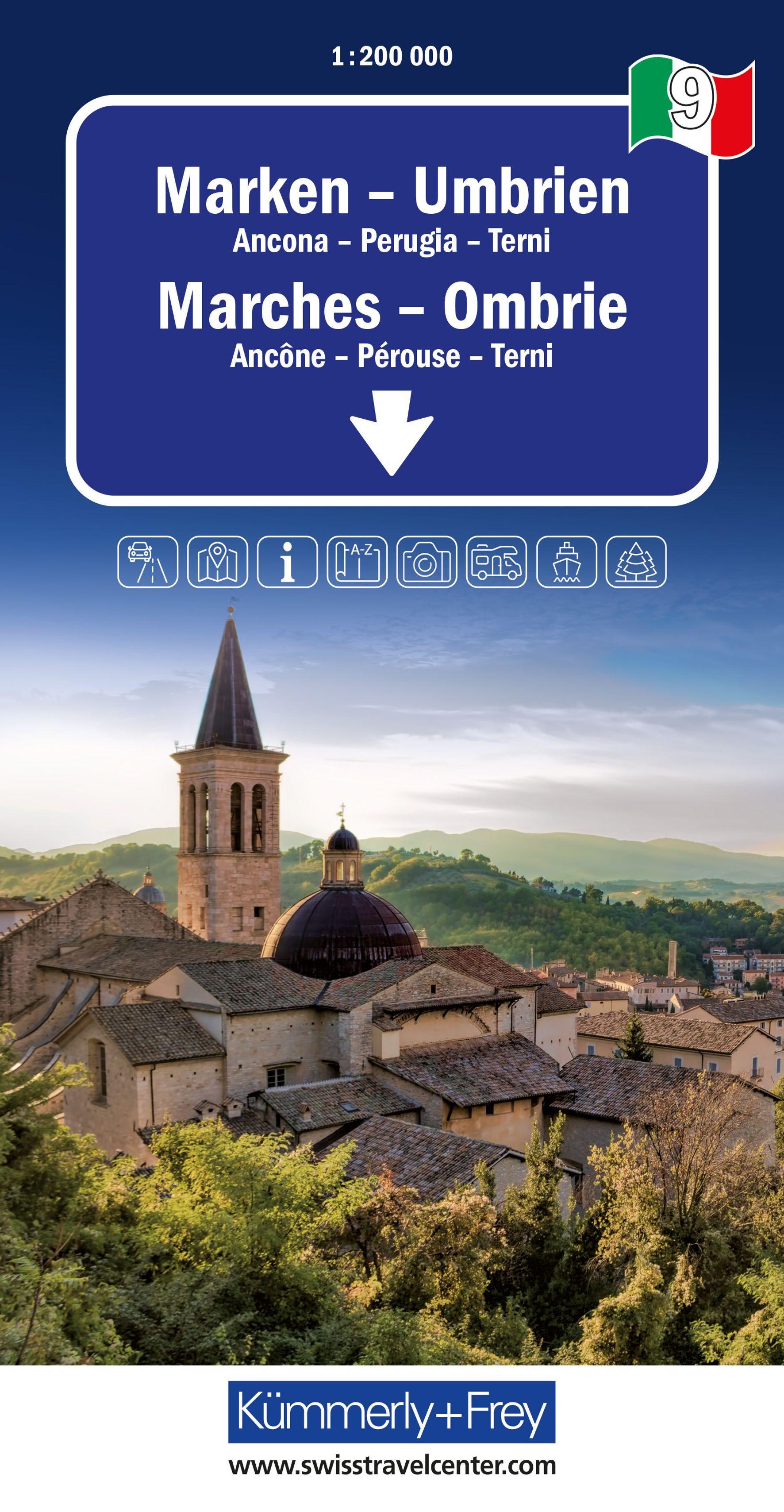 Vorderes Coverbild Kümmerly+Frey Regional-Strassenkarte 9 Marken, Umbrien 1:200.000