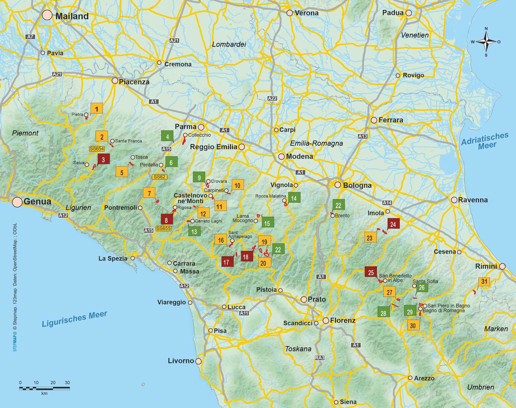 Beispielinhalt (Bild) Emilia-Romagna 31 Touren im Hügel- und Bergland des Apennin