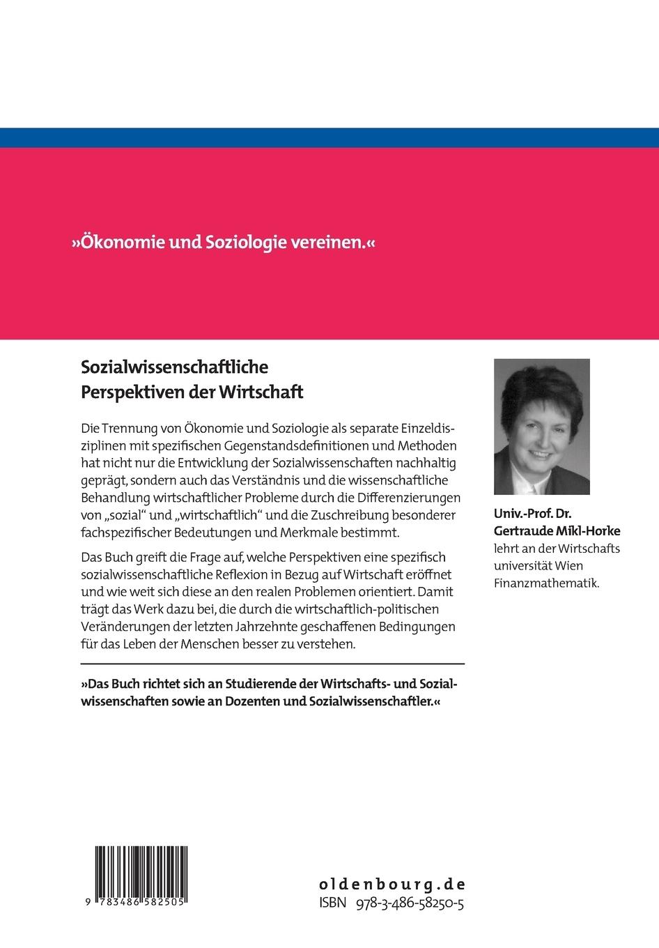 Rückseitencover Sozialwissenschaftliche Perspektiven der Wirtschaft