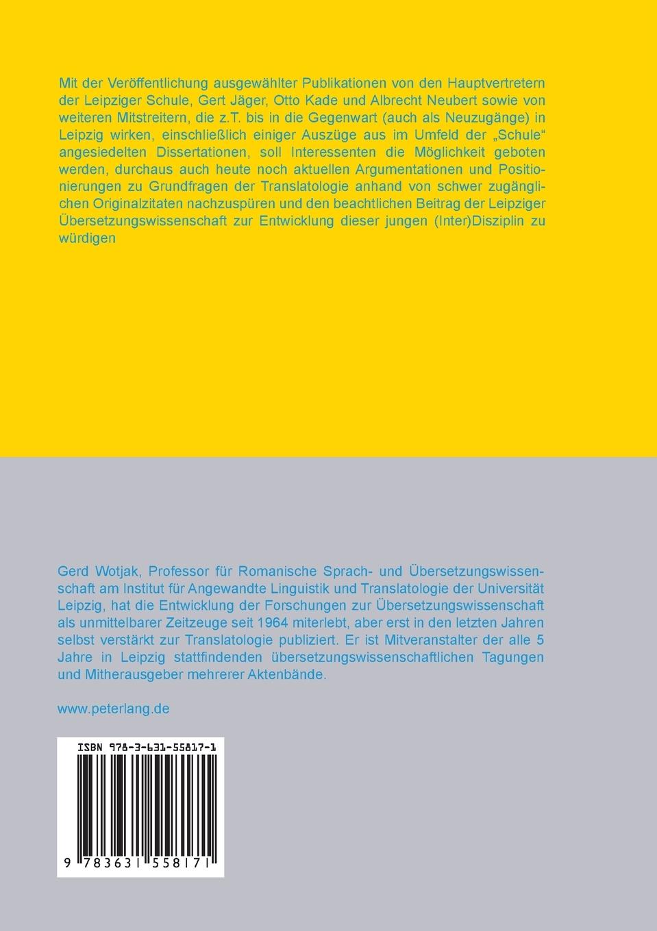 Rückseitencover 50 Jahre Leipziger Übersetzungswissenschaftliche Schule
