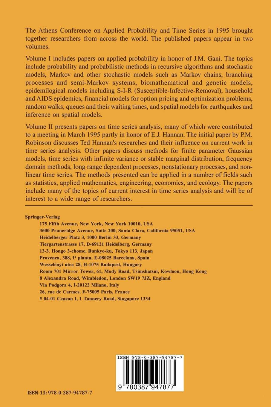 Rückseitencover Athens Conference on Applied Probability and Time Series Analysis
