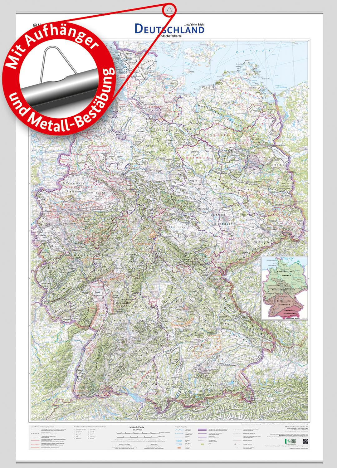 Vorderes Coverbild Deutschland auf einen Blick! Landschaftskarte 1:750 000 mit Aufhänger und Metall-Bestäbung