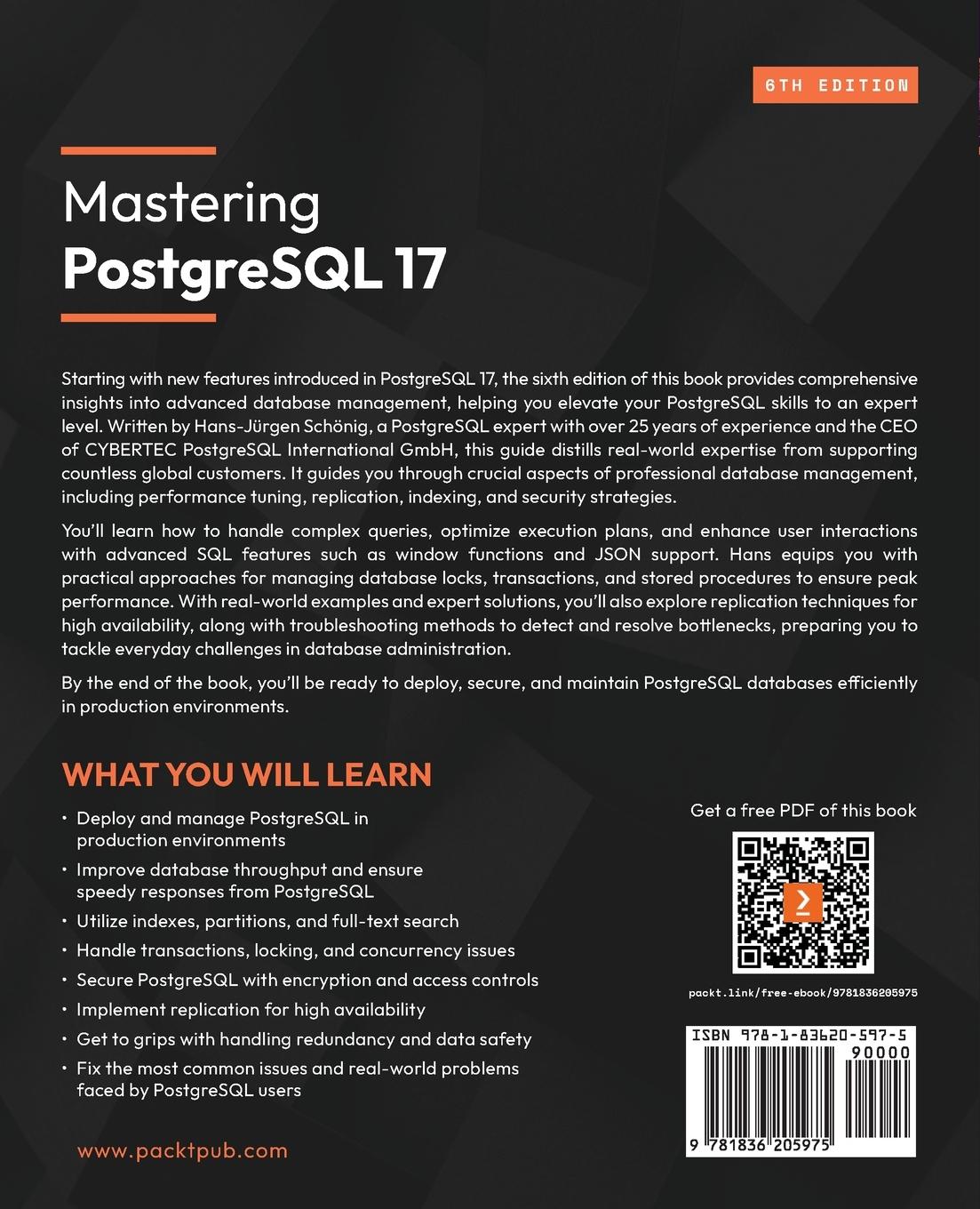 Rückseitencover Mastering PostgreSQL 17 - Sixth Edition