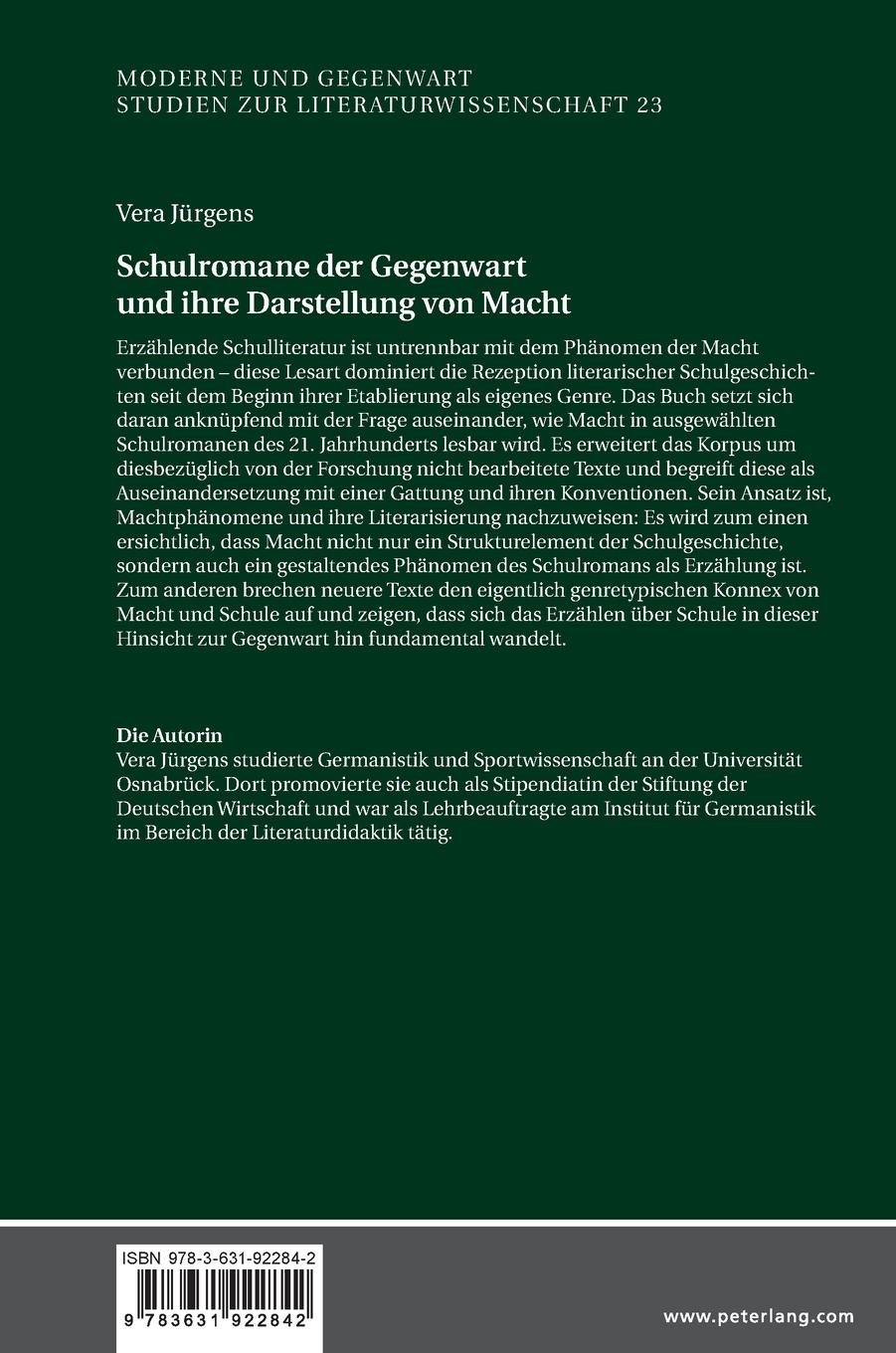 Rückseitencover Schulromane der Gegenwart und ihre Darstellung von Macht