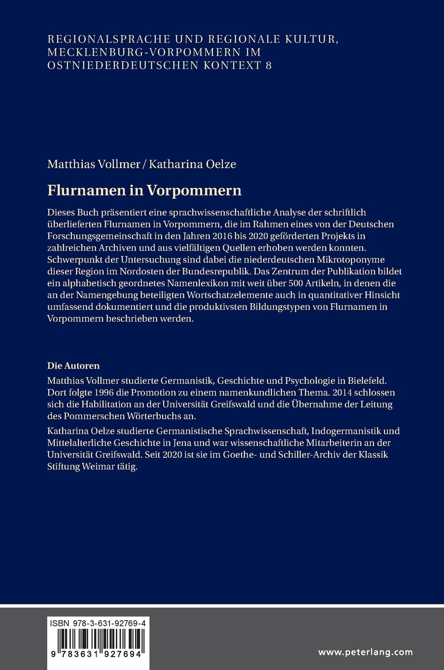 Rückseitencover Flurnamen in Vorpommern