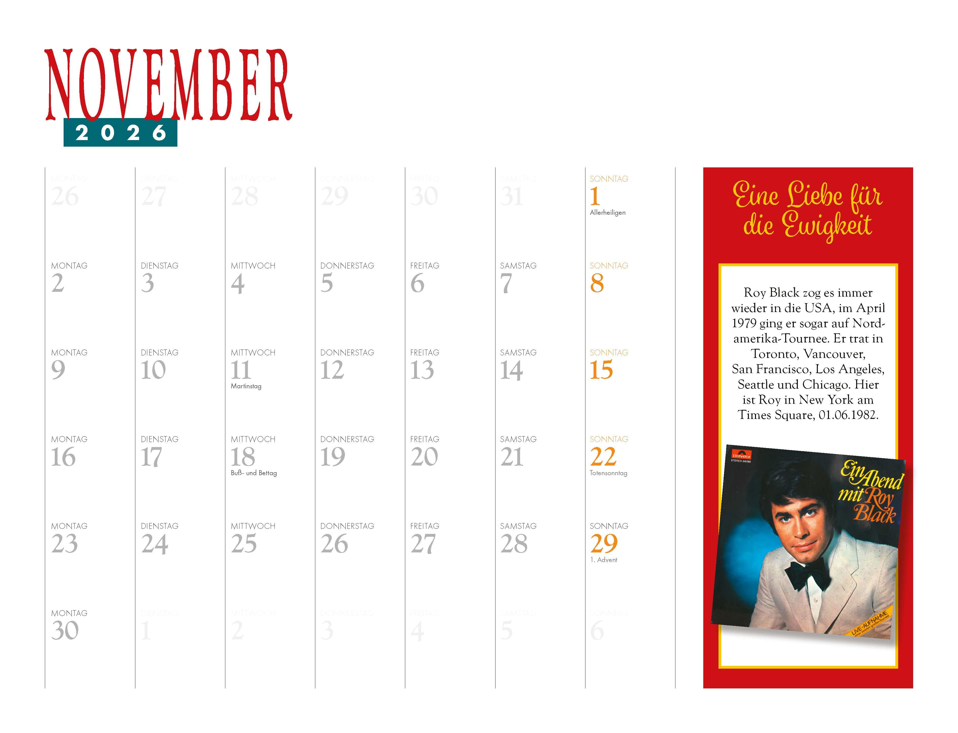 Beispielinhalt (Bild) Roy Black Kalender 2026