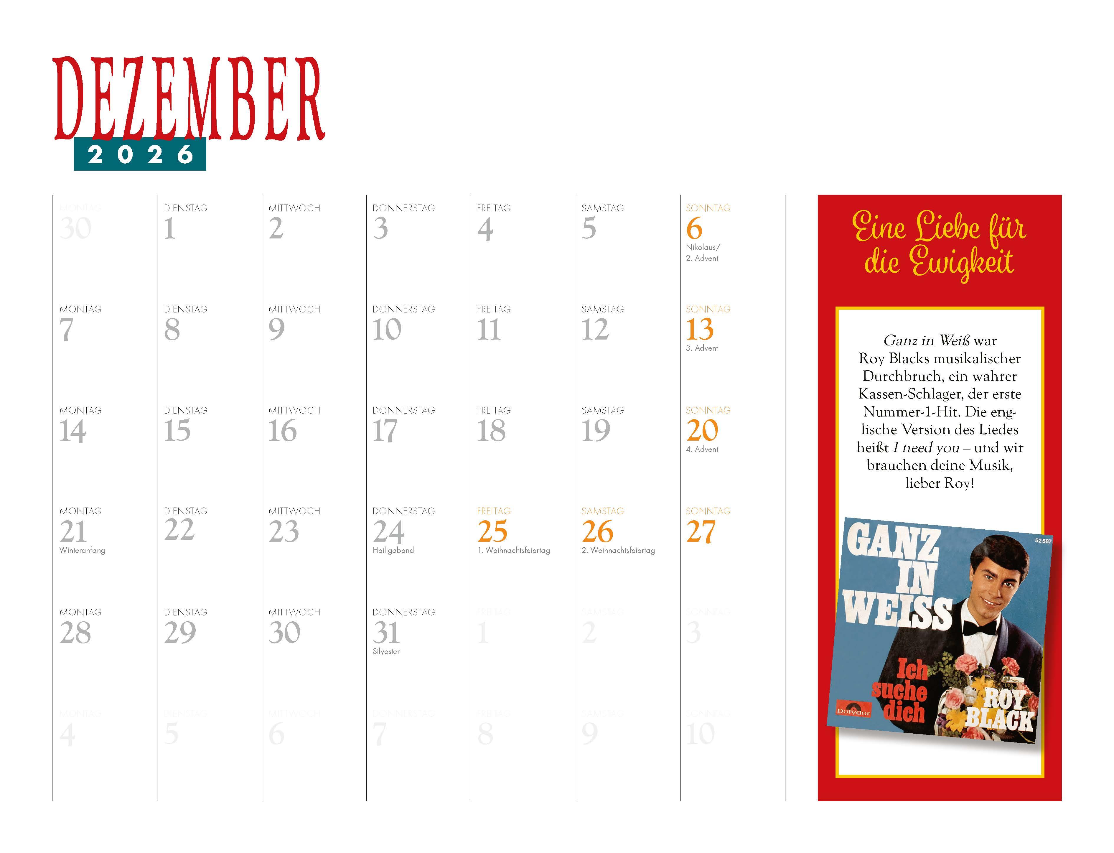 Beispielinhalt (Bild) Roy Black Kalender 2026