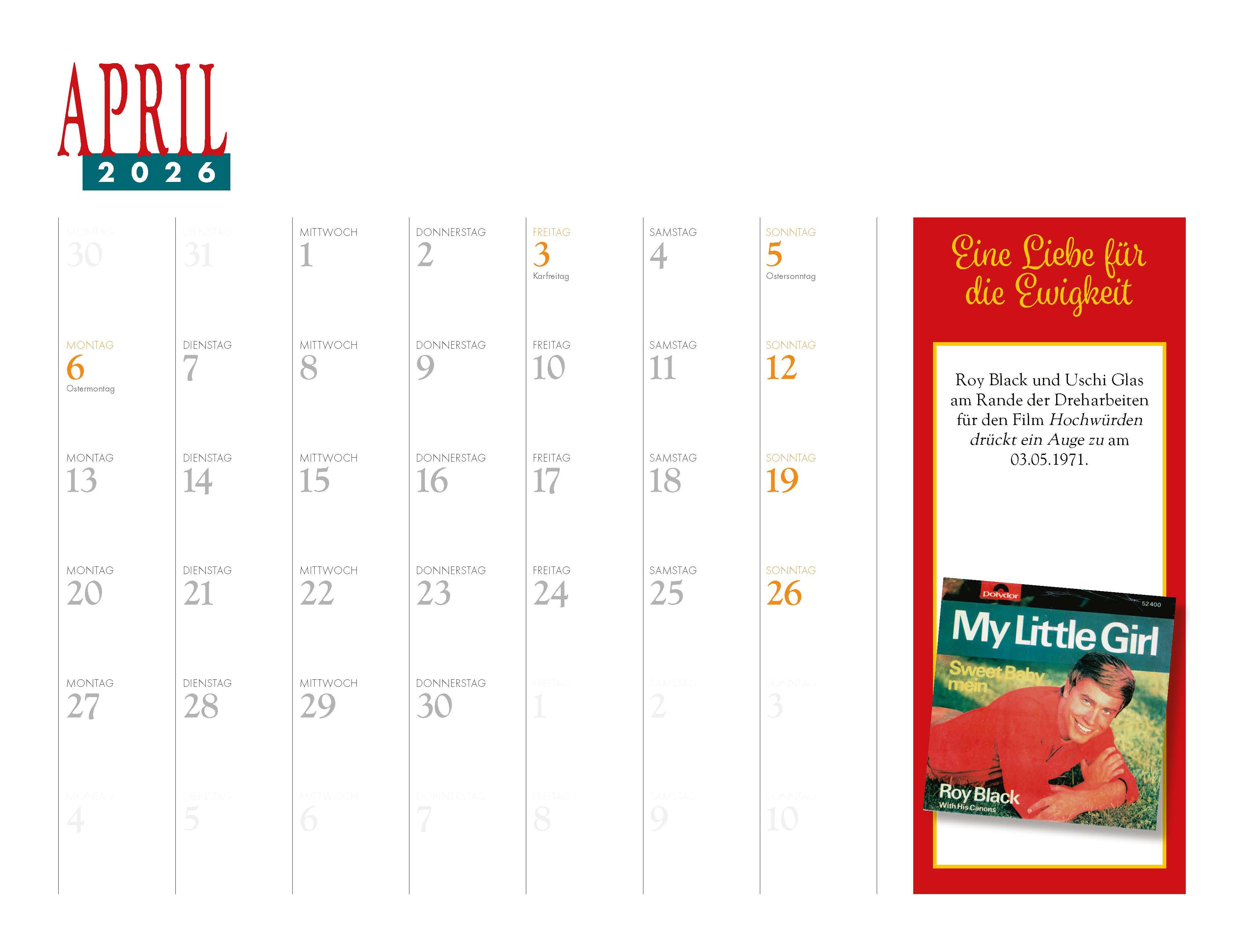 Beispielinhalt (Bild) Roy Black Kalender 2026