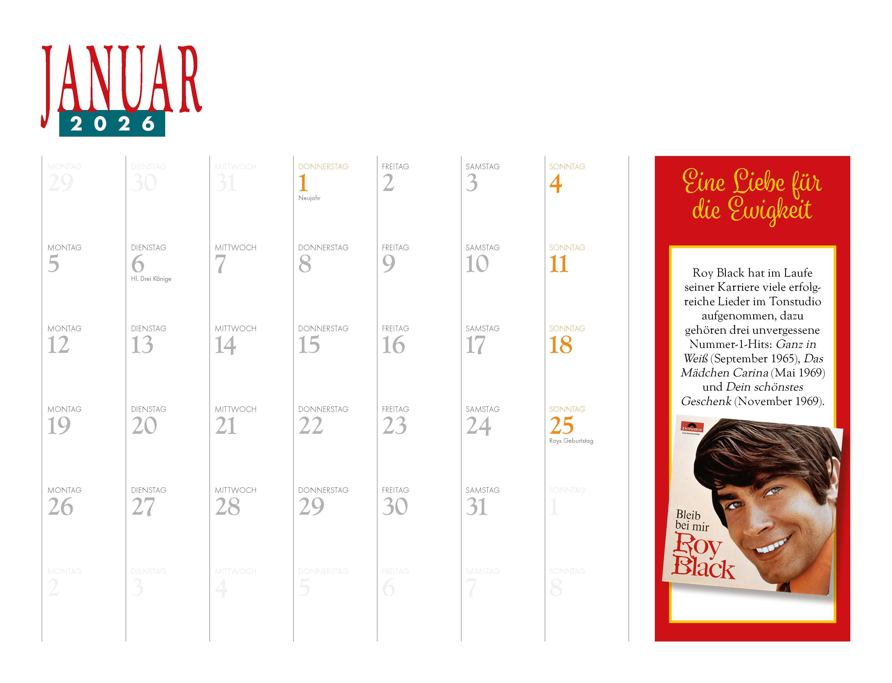 Beispielinhalt (Bild) Roy Black Kalender 2026